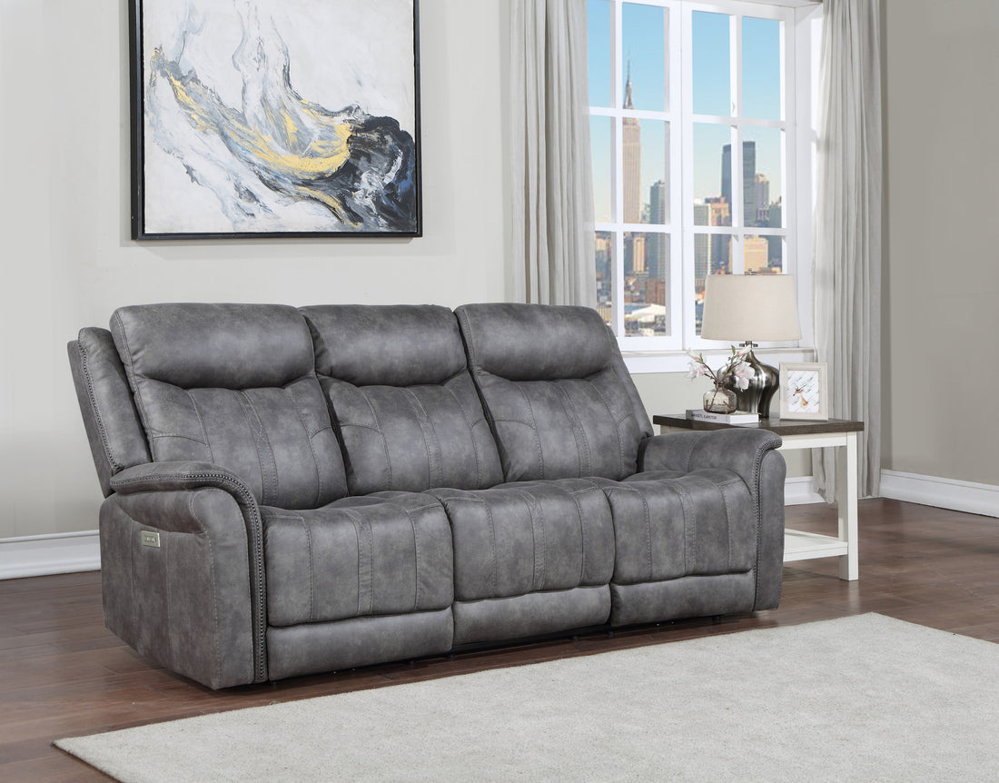 Transitional Power Reclining Sofa Neutral Faux Suede, Power Footrest, Power Headrest Built To Last, Usb Charging Grey Foam Fabric 3 Seat