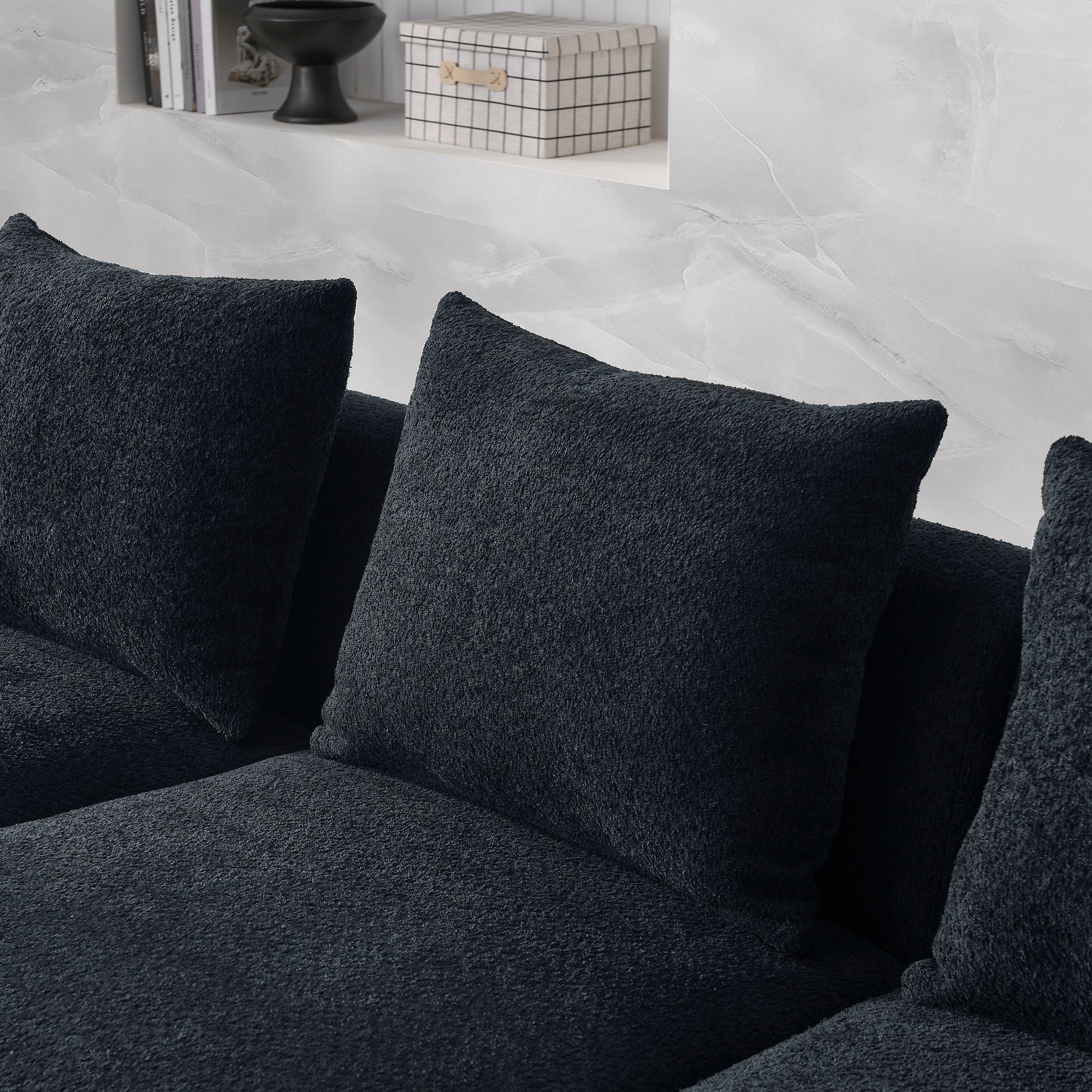 L Shape Sectional Sofa With Right Side Chaise And Ottoman, Modular Sofa, Diy Combination, Loop Yarn Fabric, Black Black Polyester Wood Tight Back Eucalyptus Square Arms Polyester 5 Seat