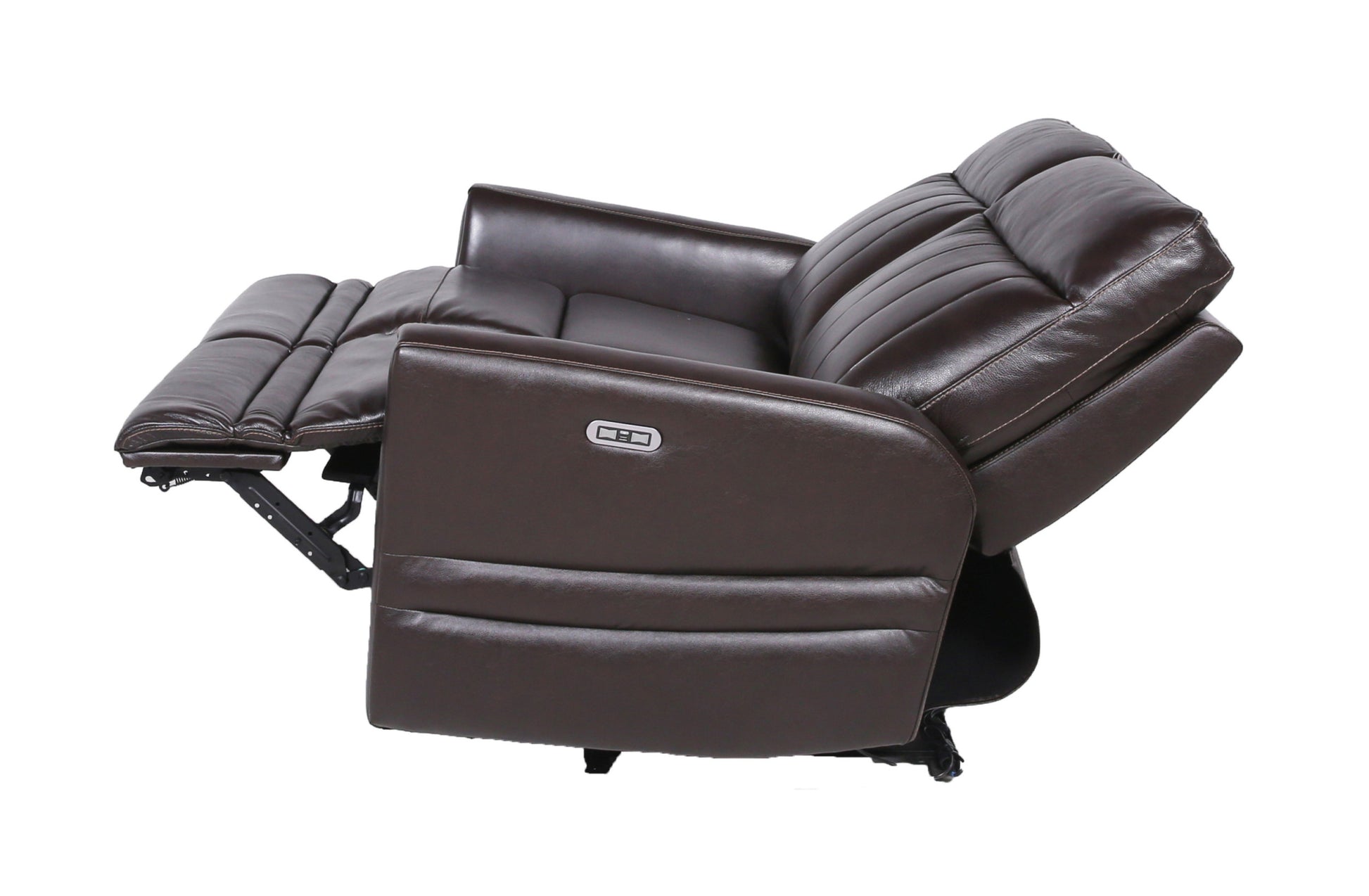 Sophisticated Motion Loveseat Top Grain Leather, Power Leg Rest, Power Articulating Headrest Vertical Channel Back, Beveled Leg Rest Brown Foam Leather