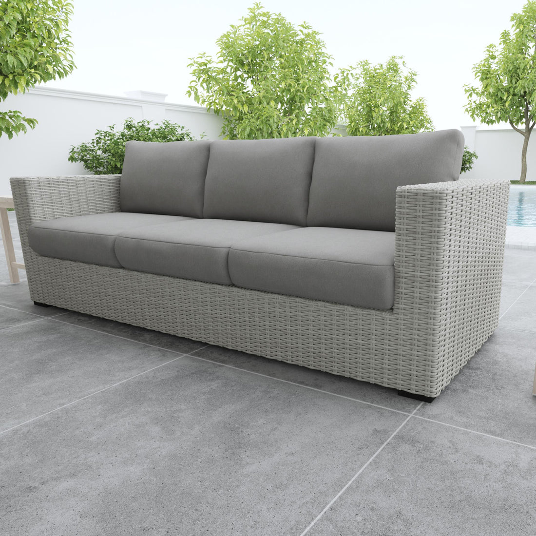 Deep Cushioned Outdoor Sofa W Half Round Wicker Hdpe Resin Wicker, Solution Dyed Acrylic Covers Light Gray Wicker