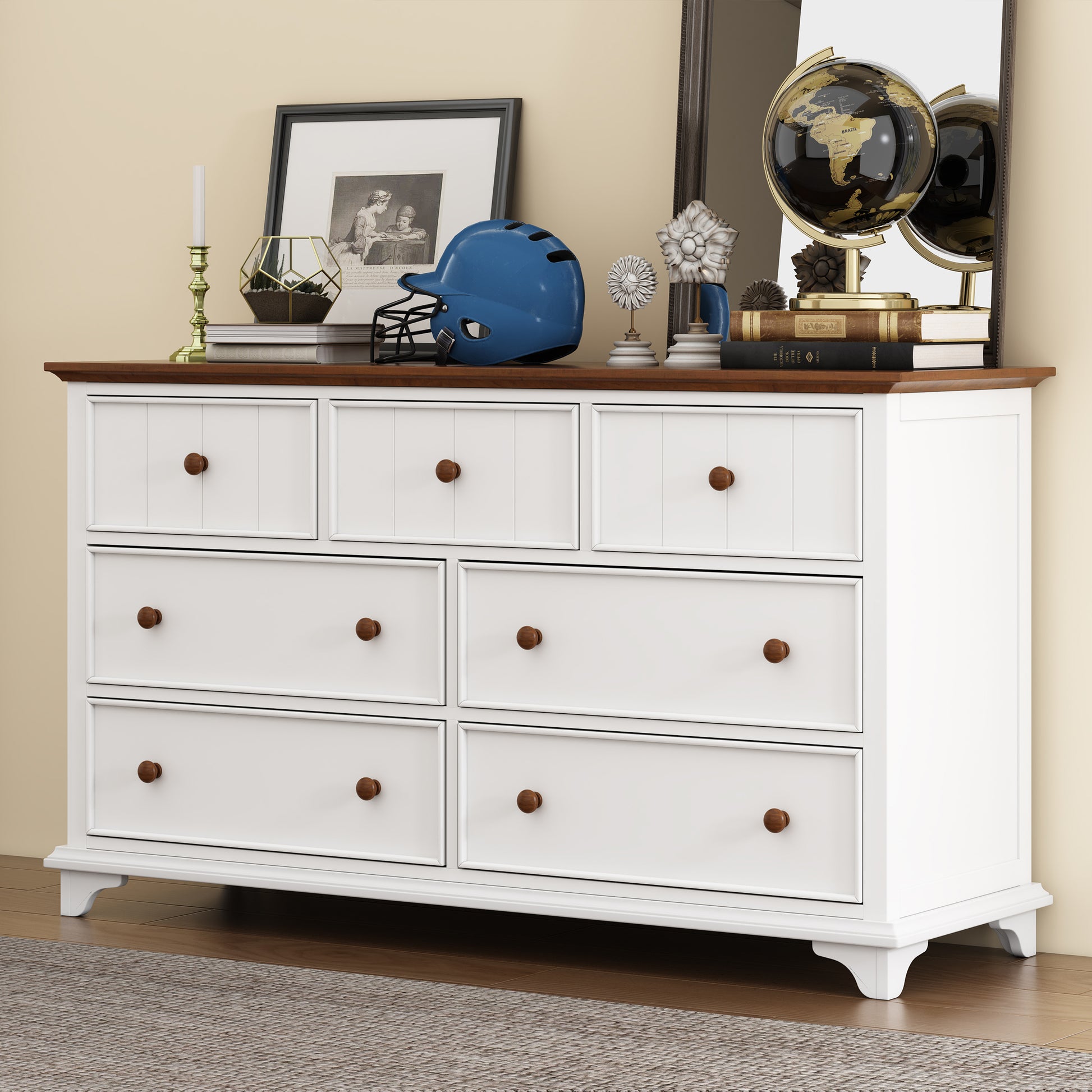 Wooden Captain Seven Drawer Dresser For Bedroom, Living Room, Kids' Room, White Walnut White Walnut Wood