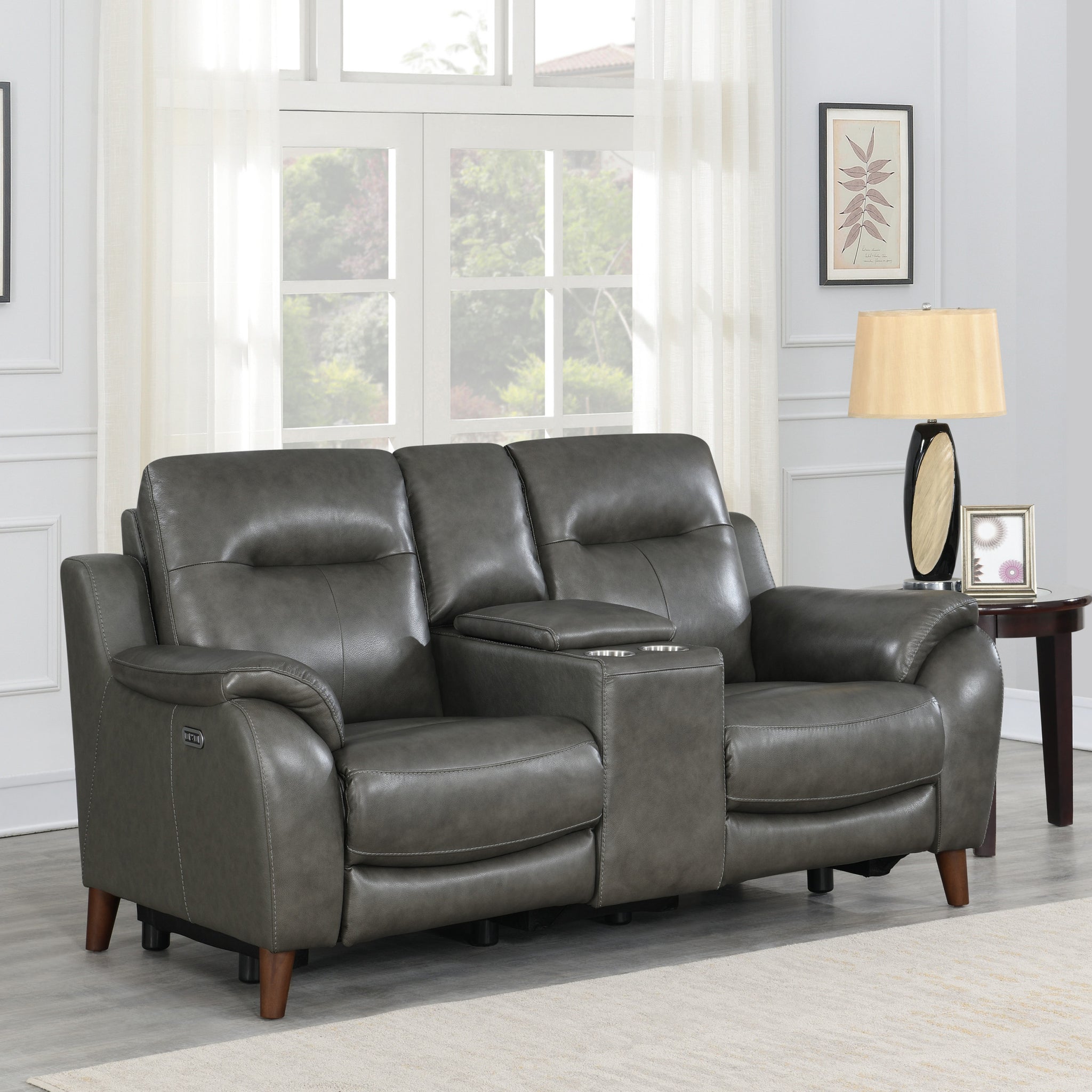 Trento Pwr Pwr Console Loveseat Charcoal Grey Foam Leather