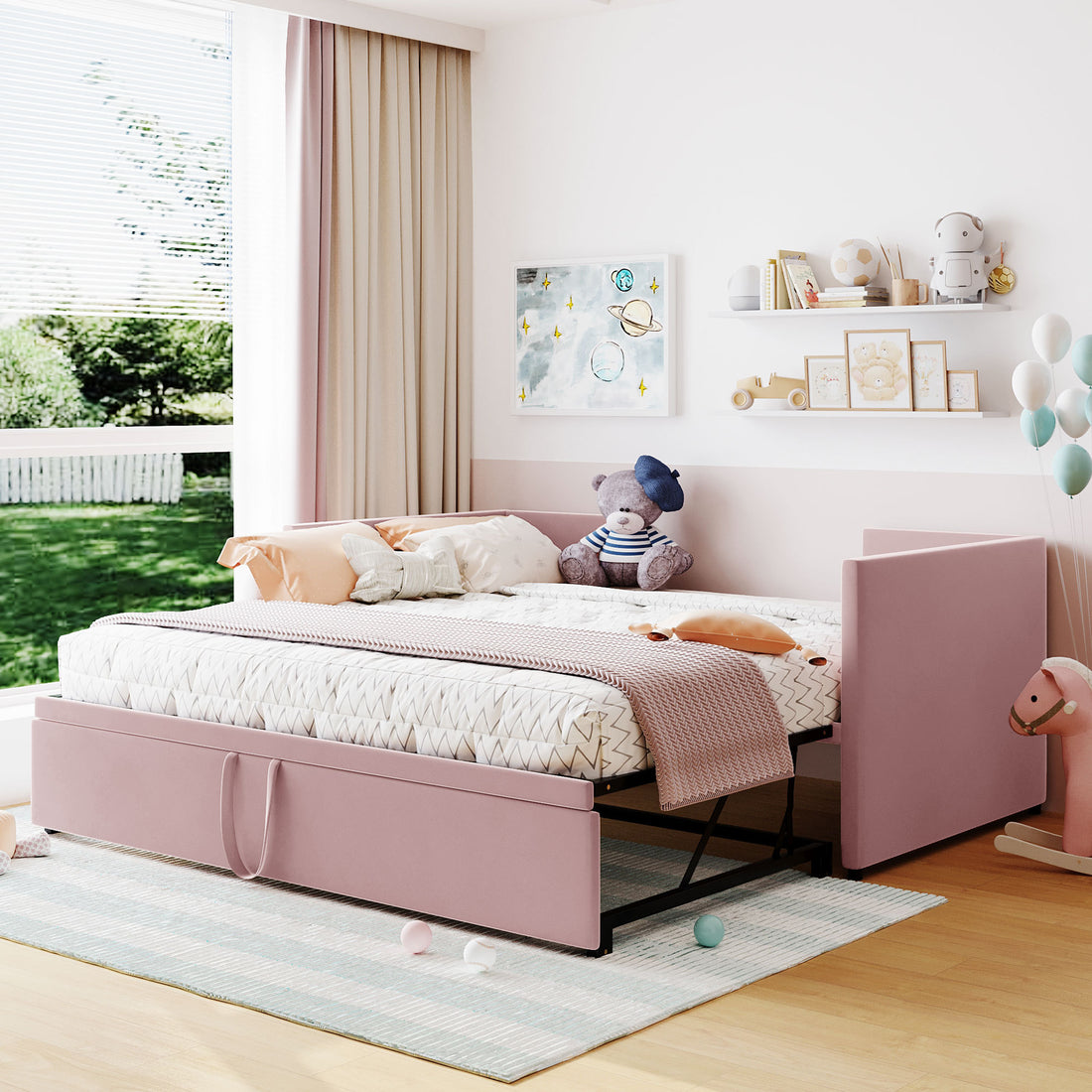 Twin Size Upholstered Daybed With Pop Up Trundle, Pink Twin Pink Upholstered