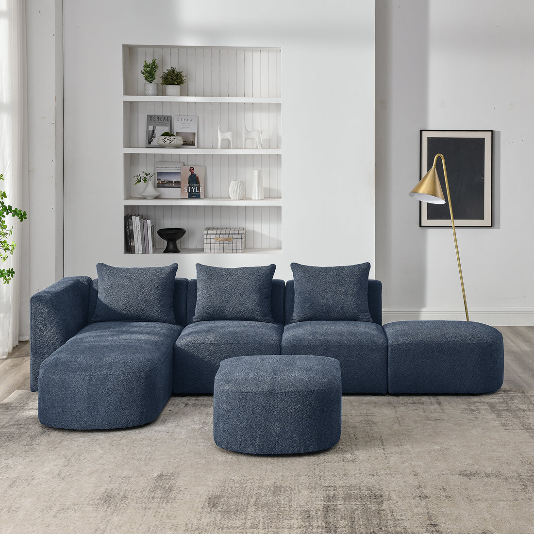 L Shape Sectional Sofa Including Two Single Seats, Left Side Chaise And Two Ottomans, Modular Sofa, Diy Combination, Loop Yarn Fabric, Navy Navy Polyester Wood Medium Soft Tight Back Eucalyptus Square Arms Polyester 5 Seat