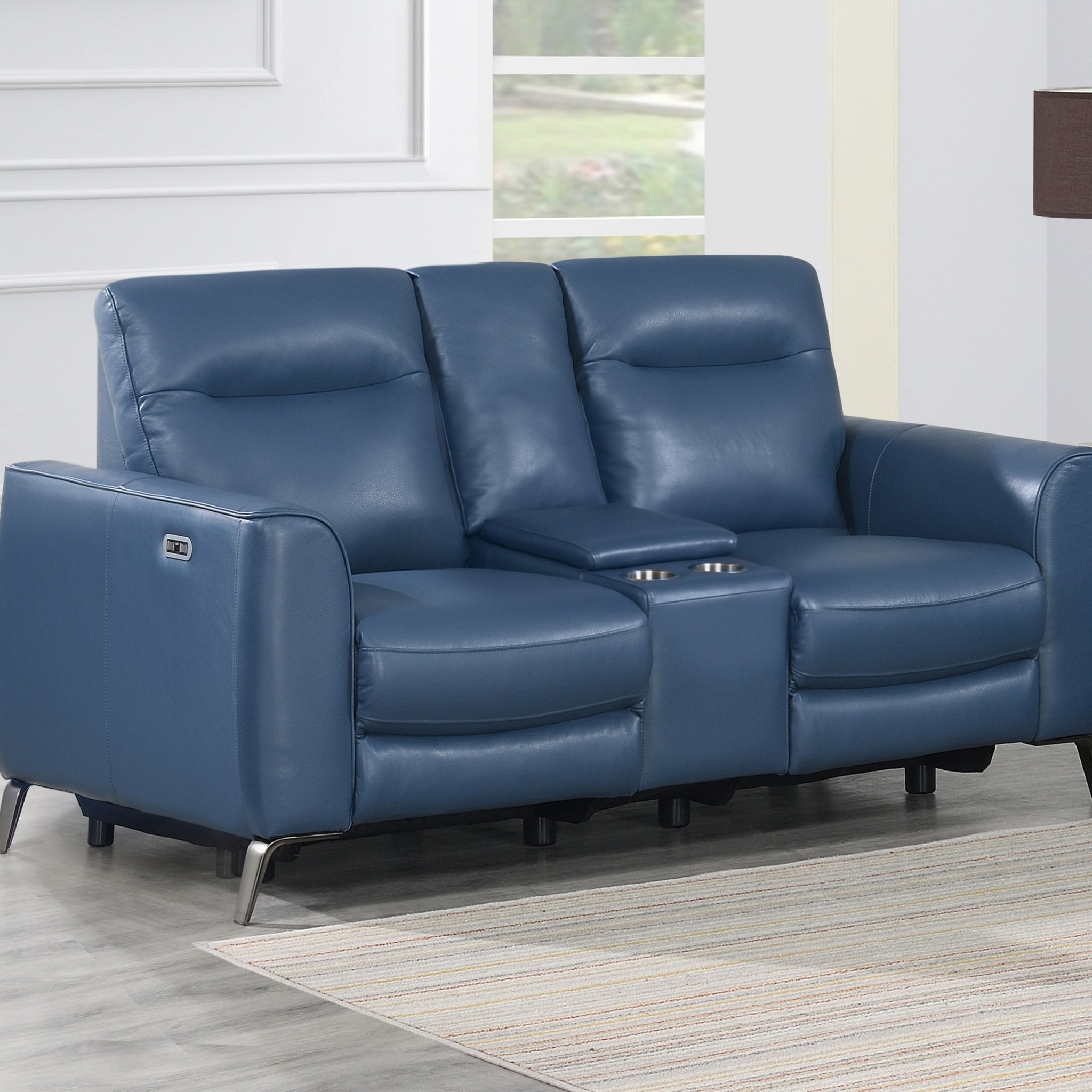 High Leg Console Loveseat Top Grain Leather, Dual Power, Ocean Blue Color Stowaway Footrest, Flaired Chrome Leg, Motion Furniture Look Dark Blue Foam Leather