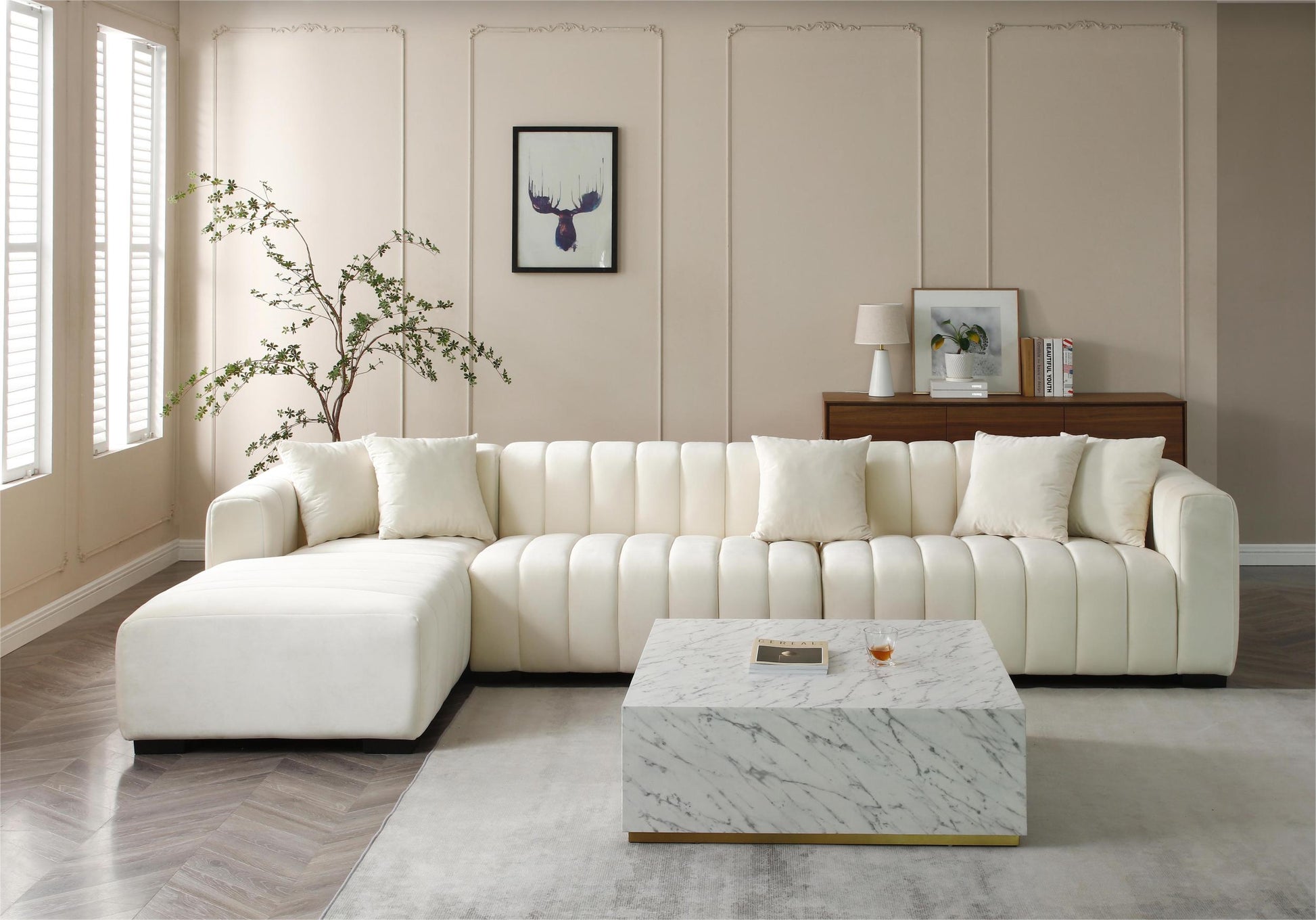 139'' Channel Tufted Sofa Velvet Upholstered Left Chaise Modular Sofa Beige Beige Velvet