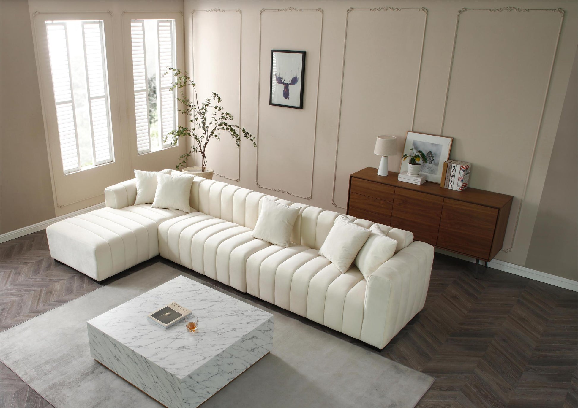 139'' Channel Tufted Sofa Velvet Upholstered Left Chaise Modular Sofa Beige Beige Velvet