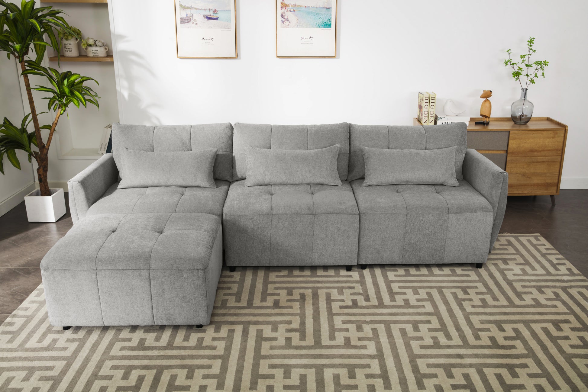 113.3" Convertible Sectional Sofa Couch 3 Seat L Shaped Sofa With Movable Ottoman And Usb For Apartment, Living Room, Bedroom, Grey Grey Chenille 3 Seat