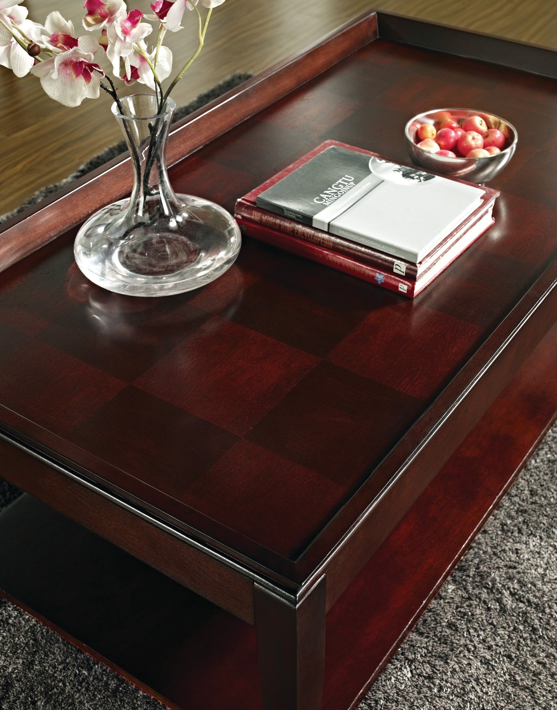 Versatile Lift Top Cocktail Table Hardwood Solids, Birch Veneer, Merlot Cherry Finish Hidden Storage, Mobility Casters, Bottom Shelf Brown Solid Wood Mdf