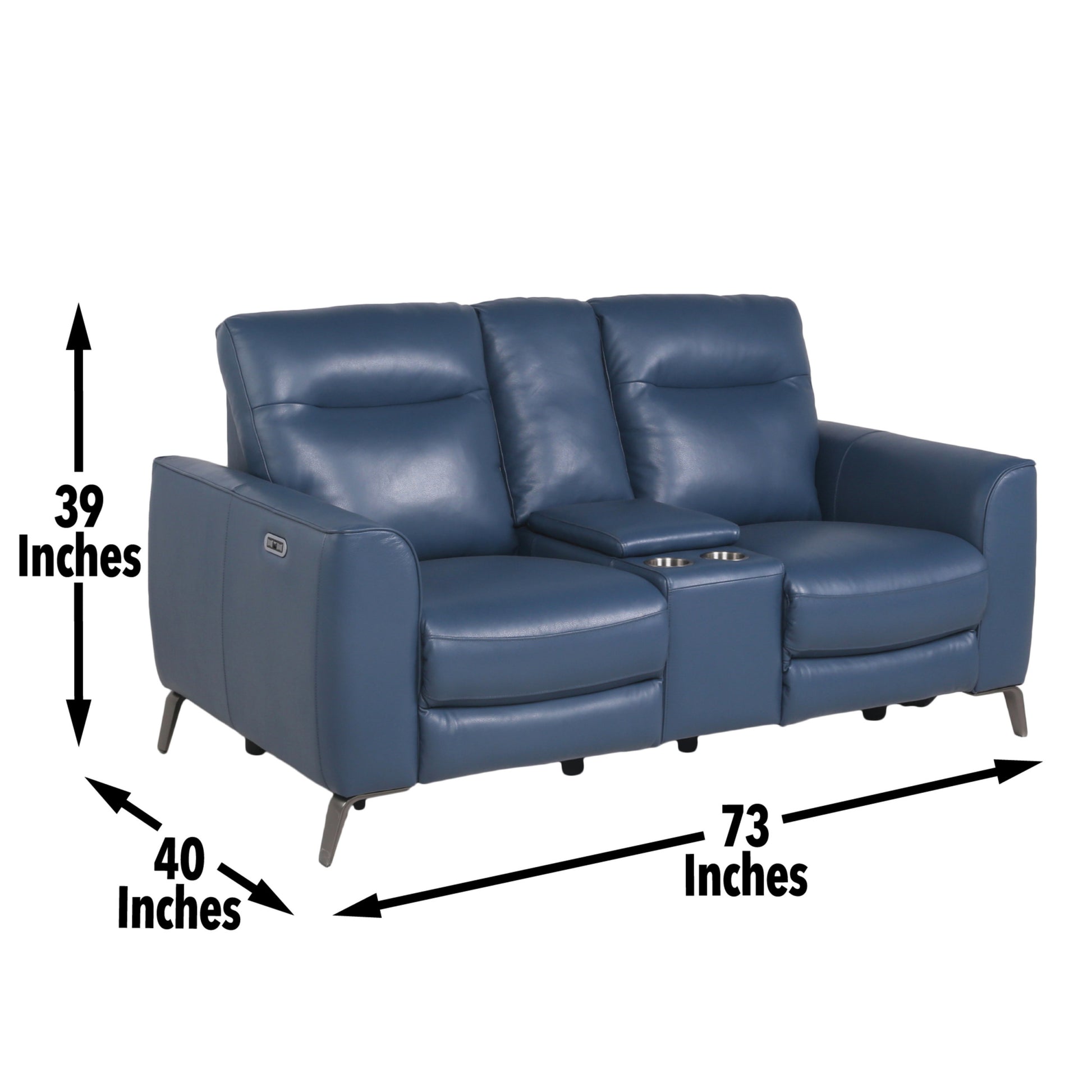 High Leg Console Loveseat Top Grain Leather, Dual Power, Ocean Blue Color Stowaway Footrest, Flaired Chrome Leg, Motion Furniture Look Dark Blue Foam Leather