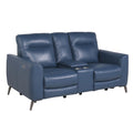 High Leg Console Loveseat Top Grain Leather, Dual Power, Ocean Blue Color Stowaway Footrest, Flaired Chrome Leg, Motion Furniture Look Dark Blue Foam Leather