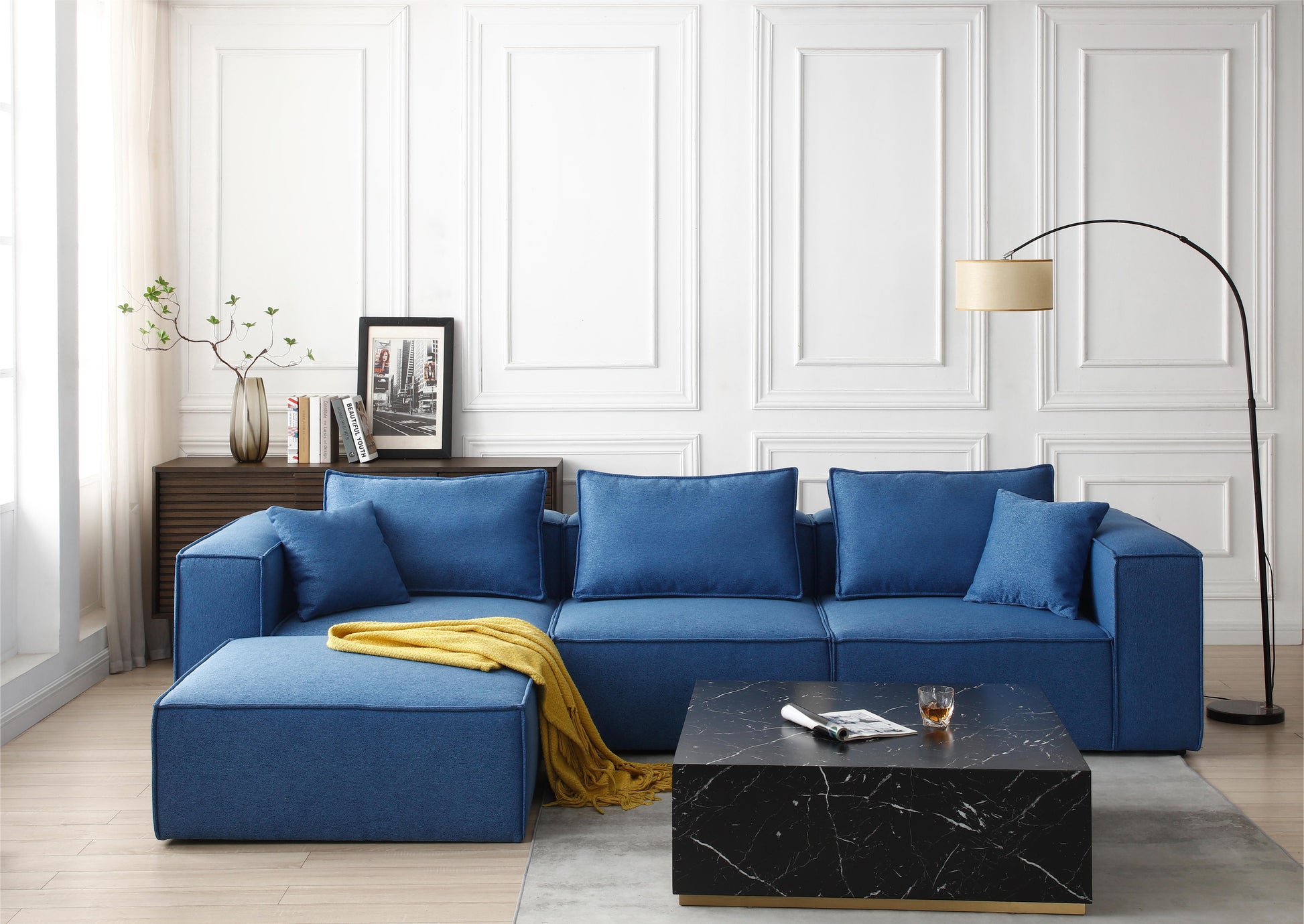 4 Piece Upholstered Sectional Sofa In Blue Blue Fabric