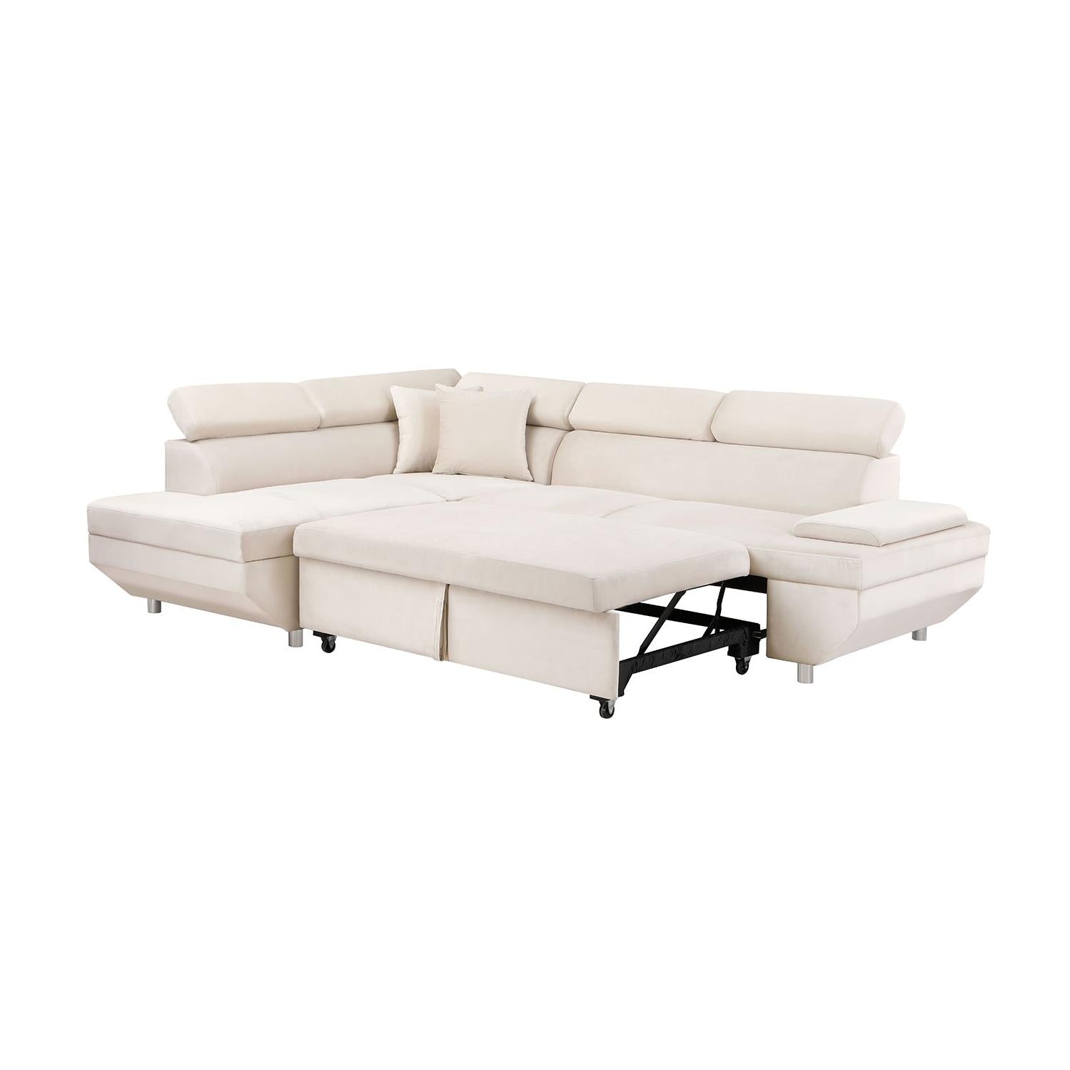 L Shape Sofa, Sleeper Sofa 2 In 1 Pull Out Couch Bed, Face Right Pull Out Bed For Living Room, Metal Legs, Velvet Beige Beige Fabric