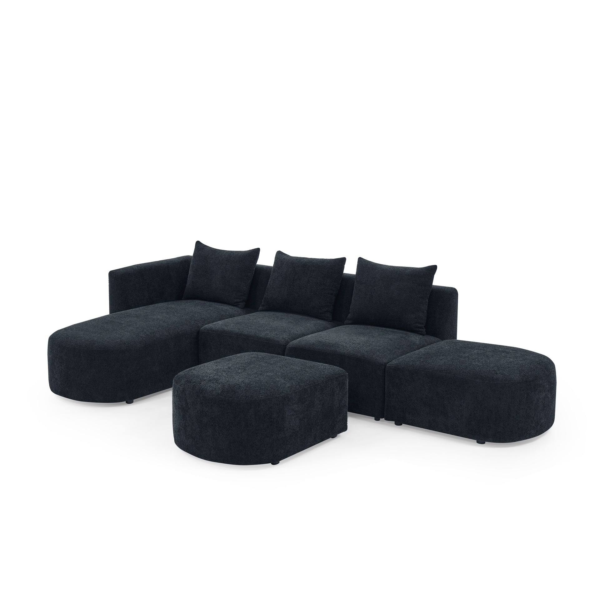 L Shape Sectional Sofa Including Two Single Seats, Left Side Chaise And Two Ottomans, Modular Sofa, Diy Combination, Loop Yarn Fabric, Black Black Polyester Wood Medium Soft Tight Back Eucalyptus Square Arms Polyester 5 Seat