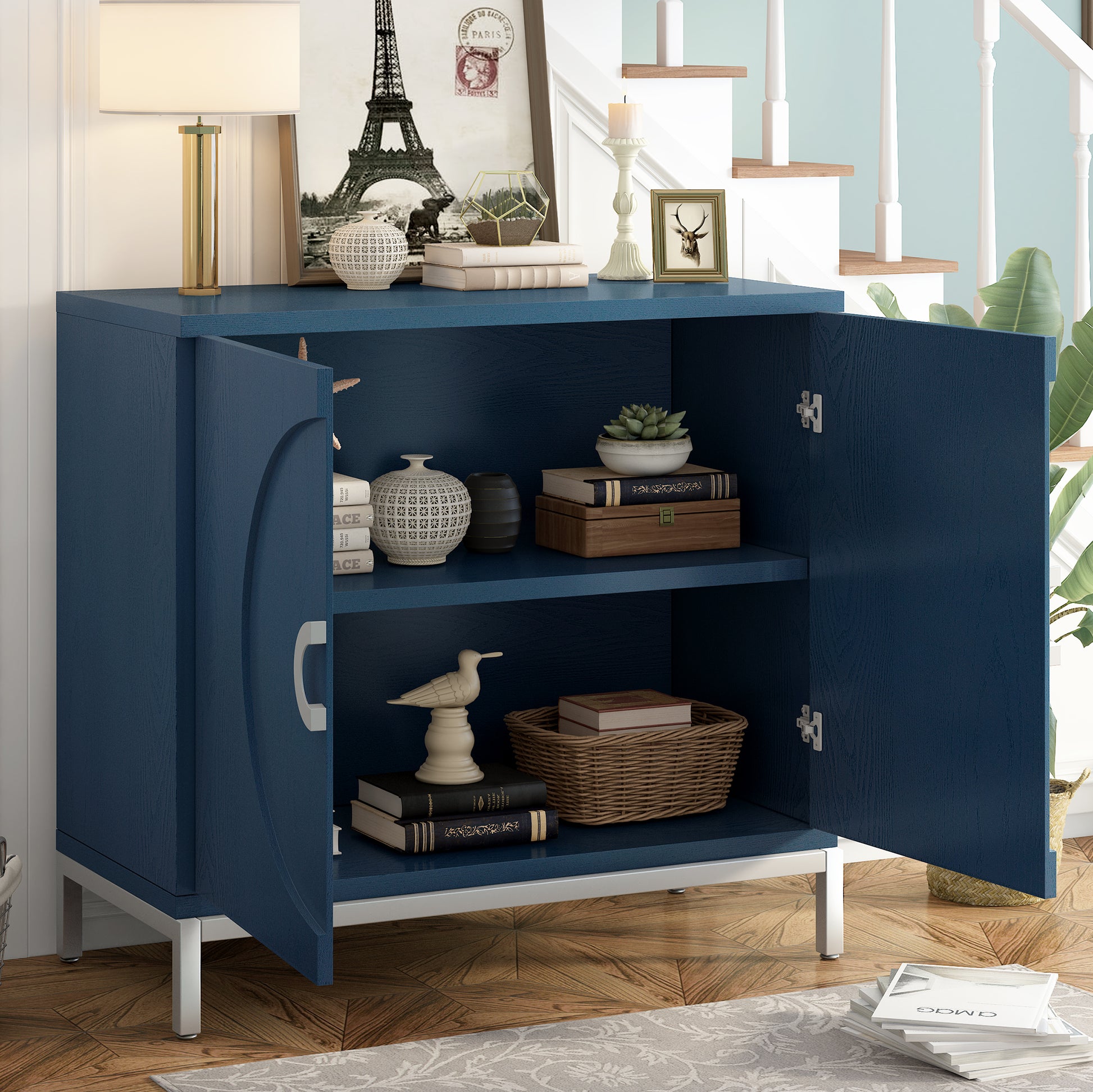 Simple Storage Cabinet Accent Cabinet With Solid Wood Veneer And Metal Leg Frame For Living Room, Entryway, Dining Room Navy Navy Mdf