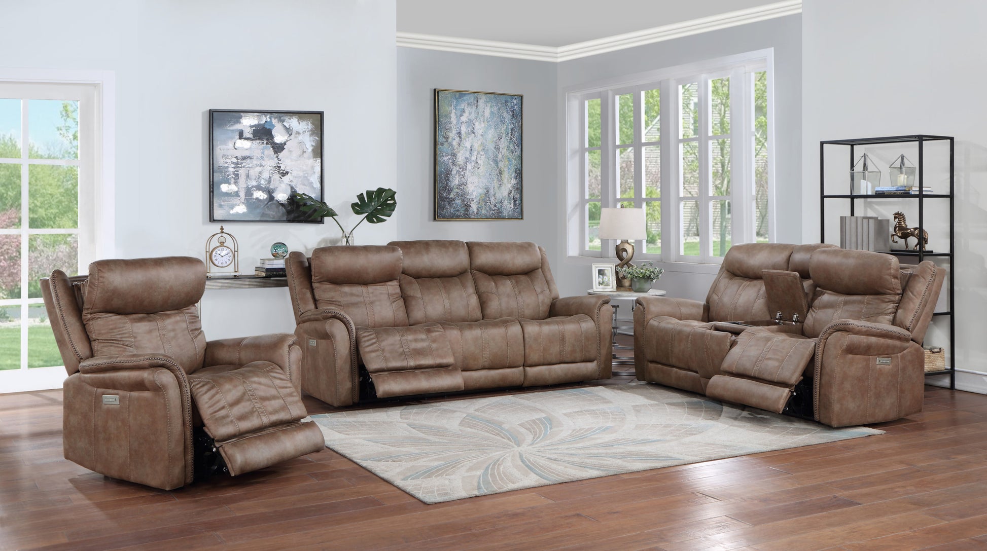 Transitional Console Loveseat Warm Camel Faux Suede, Power Footrest, Power Headrest Concealed Cupholders, Built In Console Camel Foam Fabric