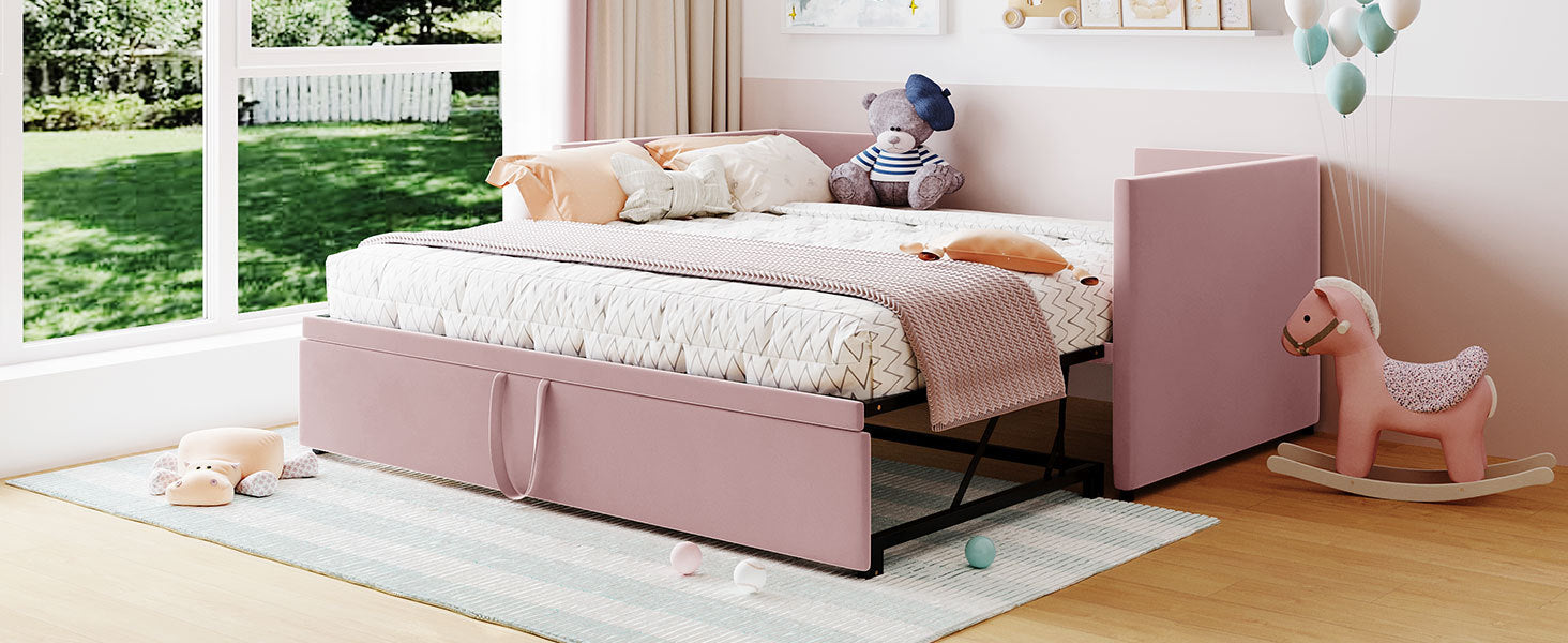 Twin Size Upholstered Daybed With Pop Up Trundle, Pink Twin Pink Upholstered