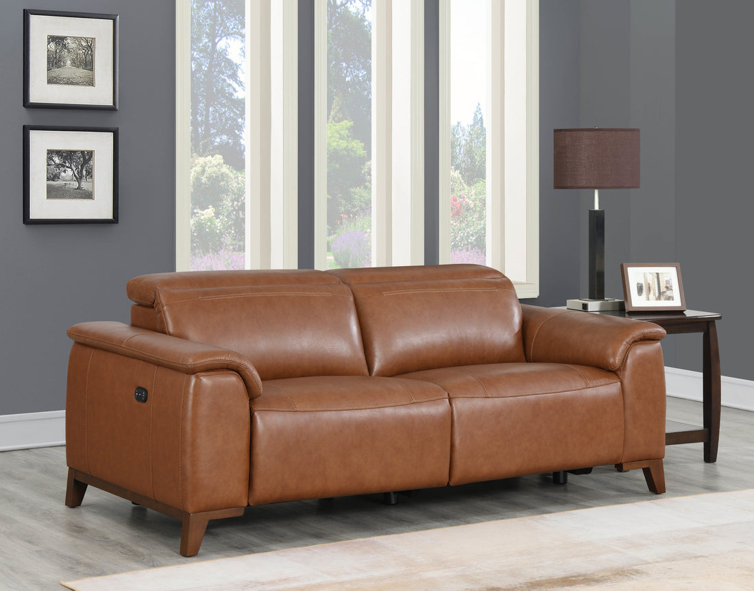 Dual Power Leather Reclining Sofa Articulating Power Headrest, Padded Armrest Coach Colored, Luxurious Comfort Brown Foam Leather 2 Seat