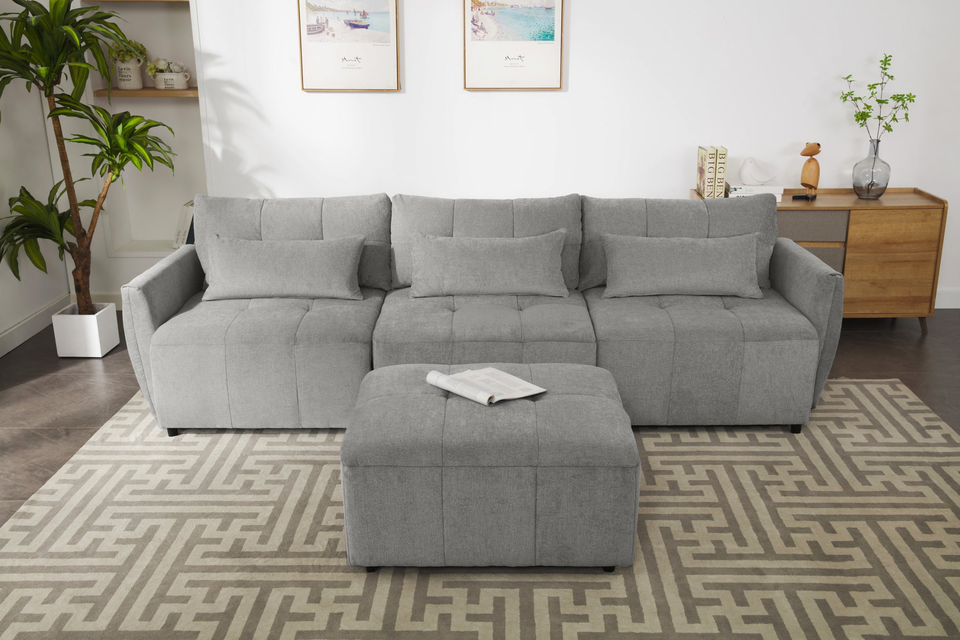 113.3" Convertible Sectional Sofa Couch 3 Seat L Shaped Sofa With Movable Ottoman And Usb For Apartment, Living Room, Bedroom, Grey Grey Chenille 3 Seat