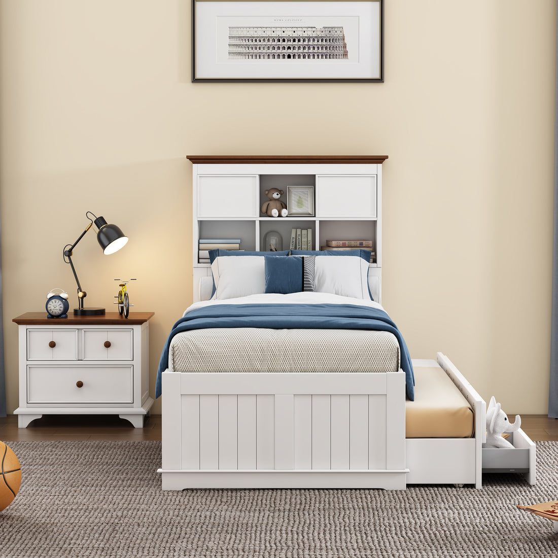 2 Pieces Wooden Captain Bedroom Set Twin Bed With Trundle And Nightstand,White Walnut White Walnut Wood