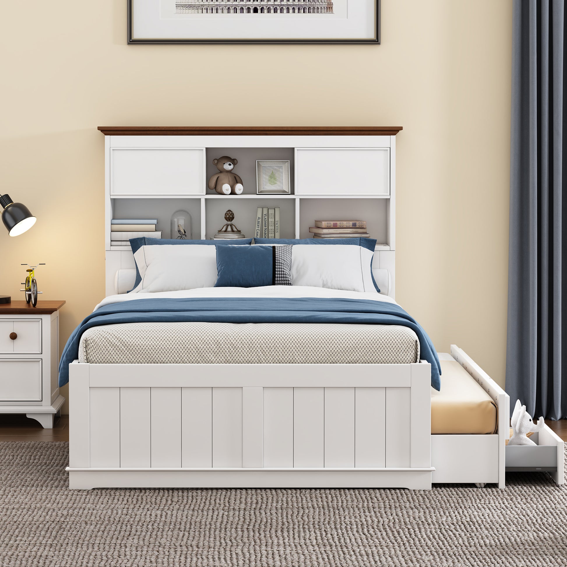2 Pieces Wooden Captain Bedroom Set Full Bed With Trundle And Nightstand,White Walnut White Walnut Wood