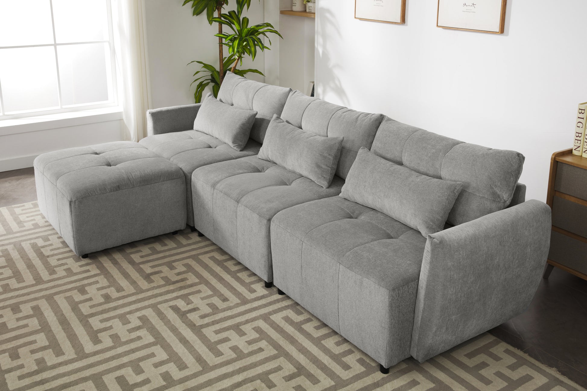 113.3" Convertible Sectional Sofa Couch 3 Seat L Shaped Sofa With Movable Ottoman And Usb For Apartment, Living Room, Bedroom, Grey Grey Chenille 3 Seat