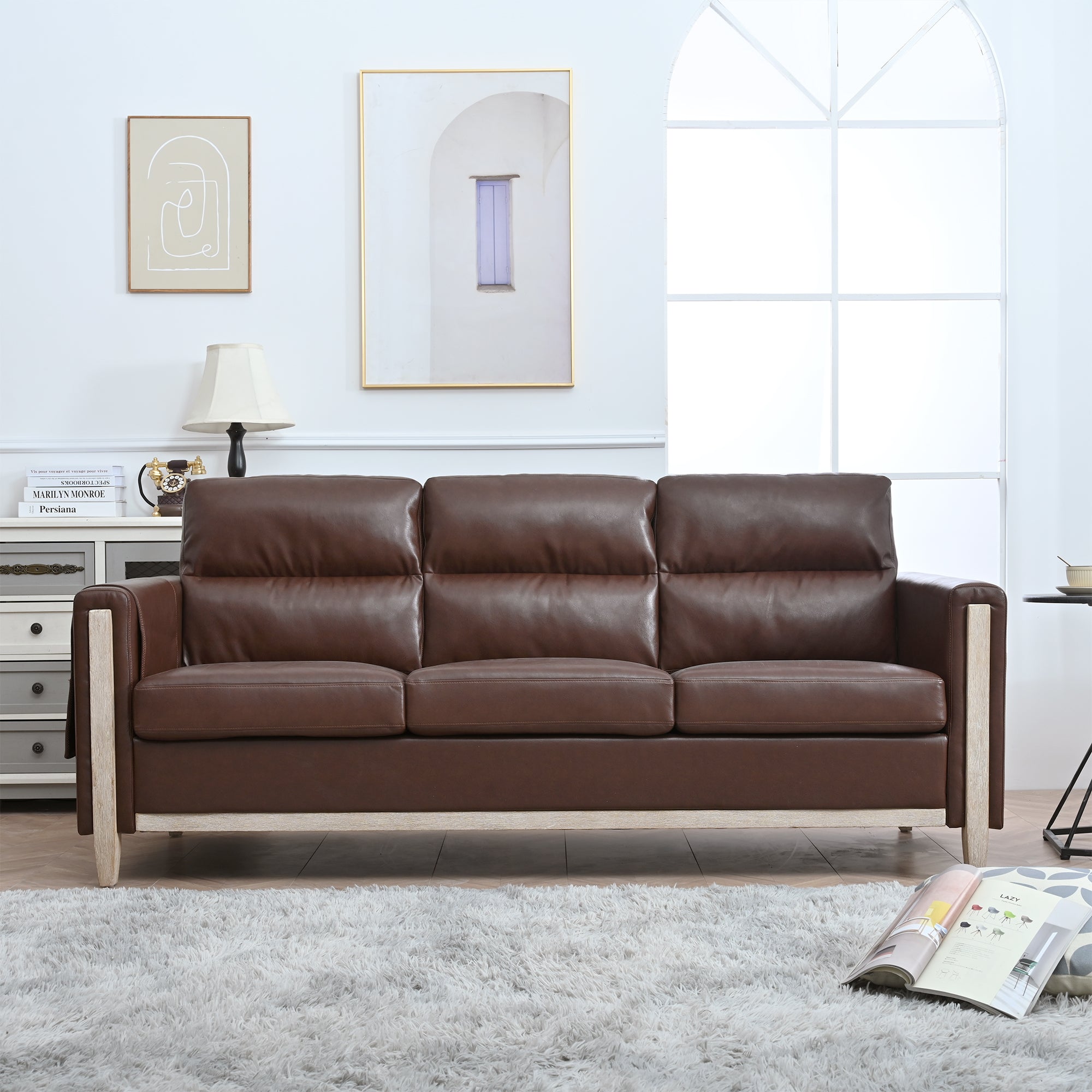 Comfortable Solid Wood Three Seater Sofa Soft Cushions, Durable And Long Lasting,79.5" Sofa Couch For Living Room Brown Pu Pu