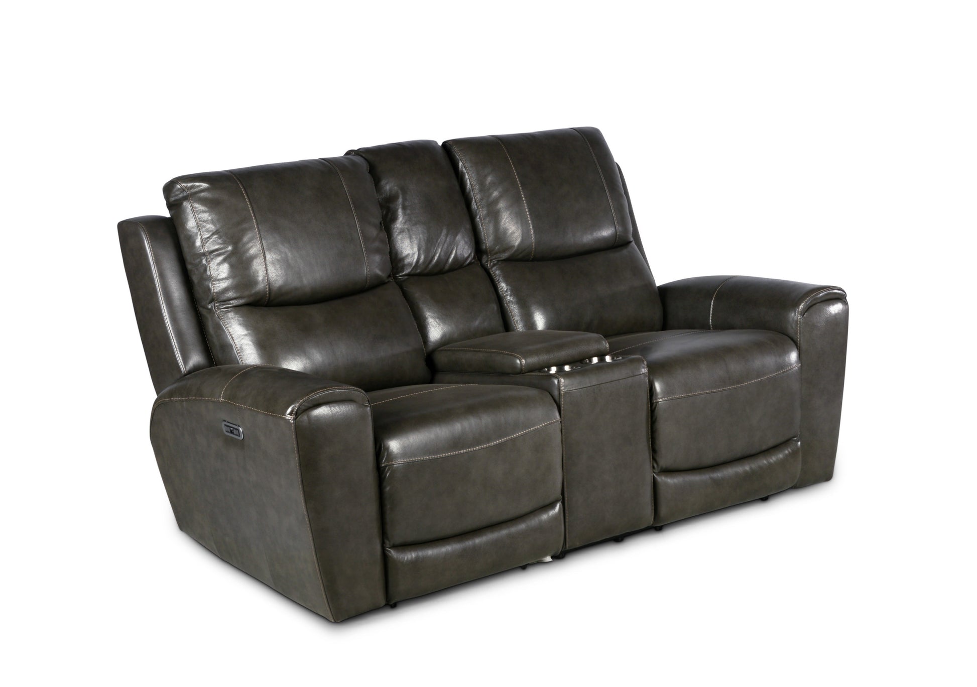 Leather Power Reclining Loveseat With Console Contemporary Style, Dual Reclining Seats Usb Charging, Hidden Storage Grey Foam Leather