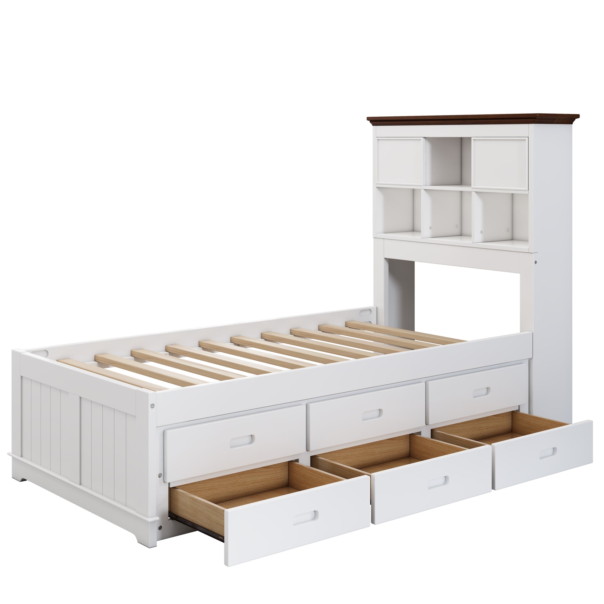 Solid Pine Captain Bookcase Bed With Trundle Bed And 3 Spacious Under Bed Drawers In Casual,Twin, White Walnut White Walnut Wood