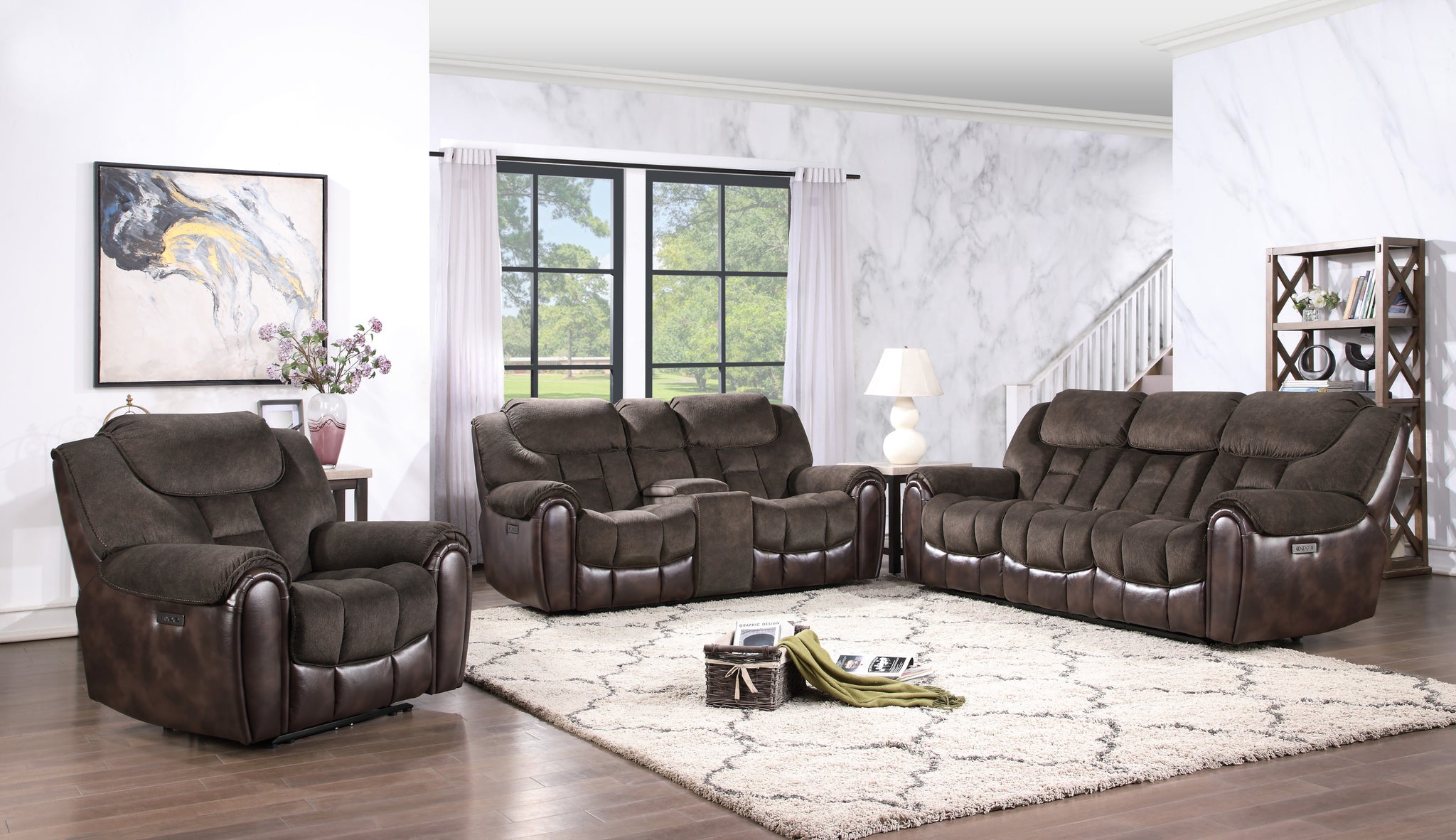 Transitional Dual Power Leather Loveseat Reclining Seats, Top Grain Leather, High Leg Design Compact And Comfortable Espresso Foam Polyester