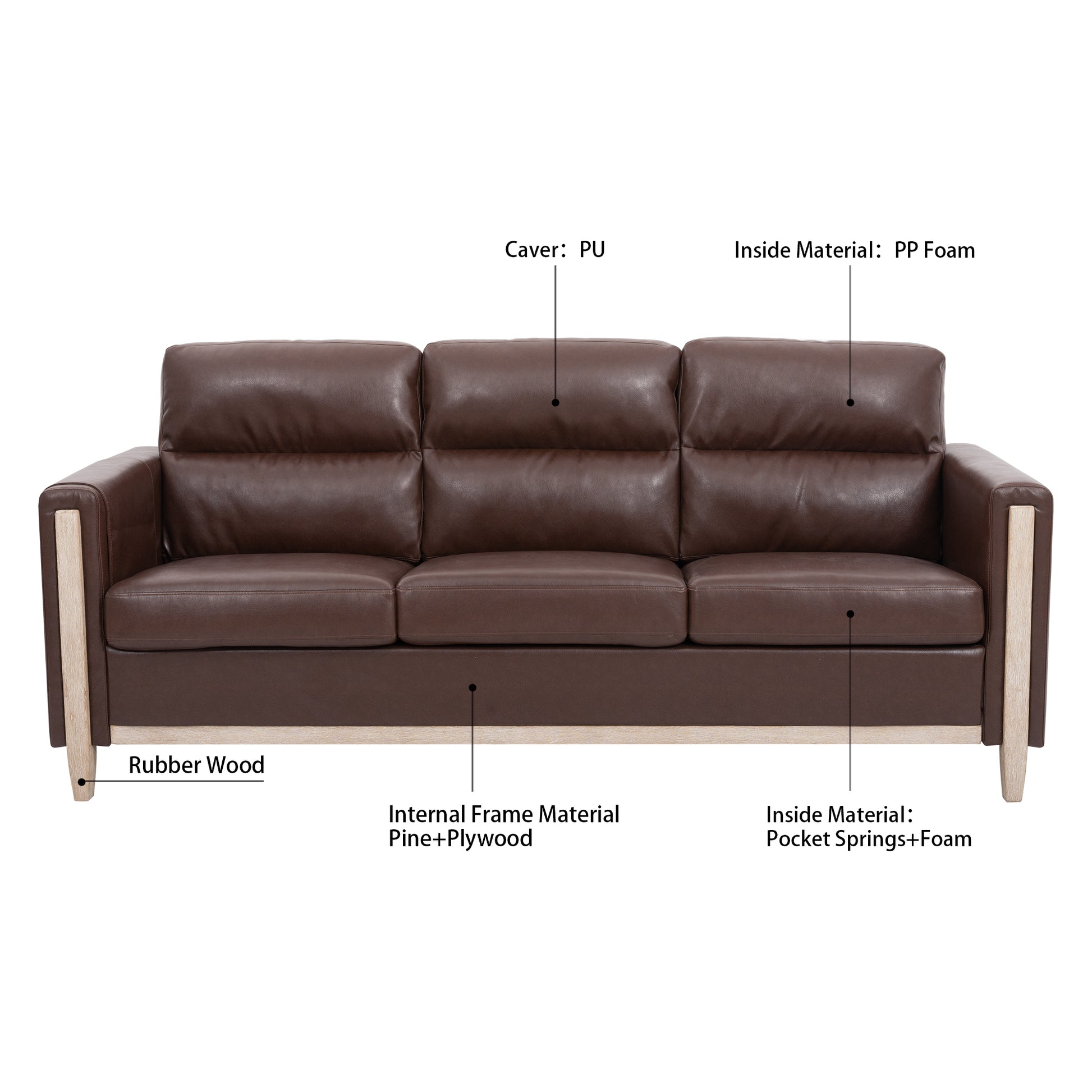 Comfortable Solid Wood Three Seater Sofa Soft Cushions, Durable And Long Lasting,79.5" Sofa Couch For Living Room Brown Pu Pu