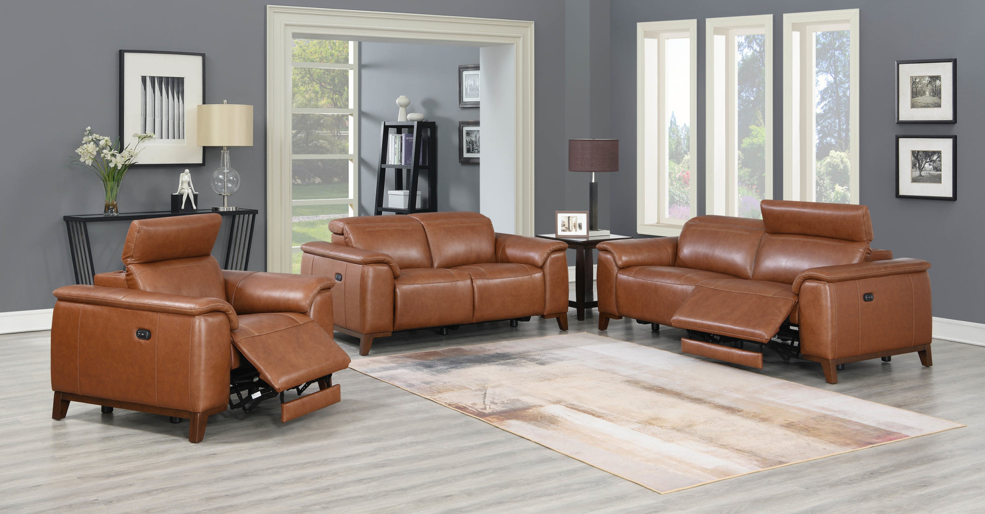 Dual Power Leather Reclining Sofa Articulating Power Headrest, Padded Armrest Coach Colored, Luxurious Comfort Brown Foam Leather 2 Seat