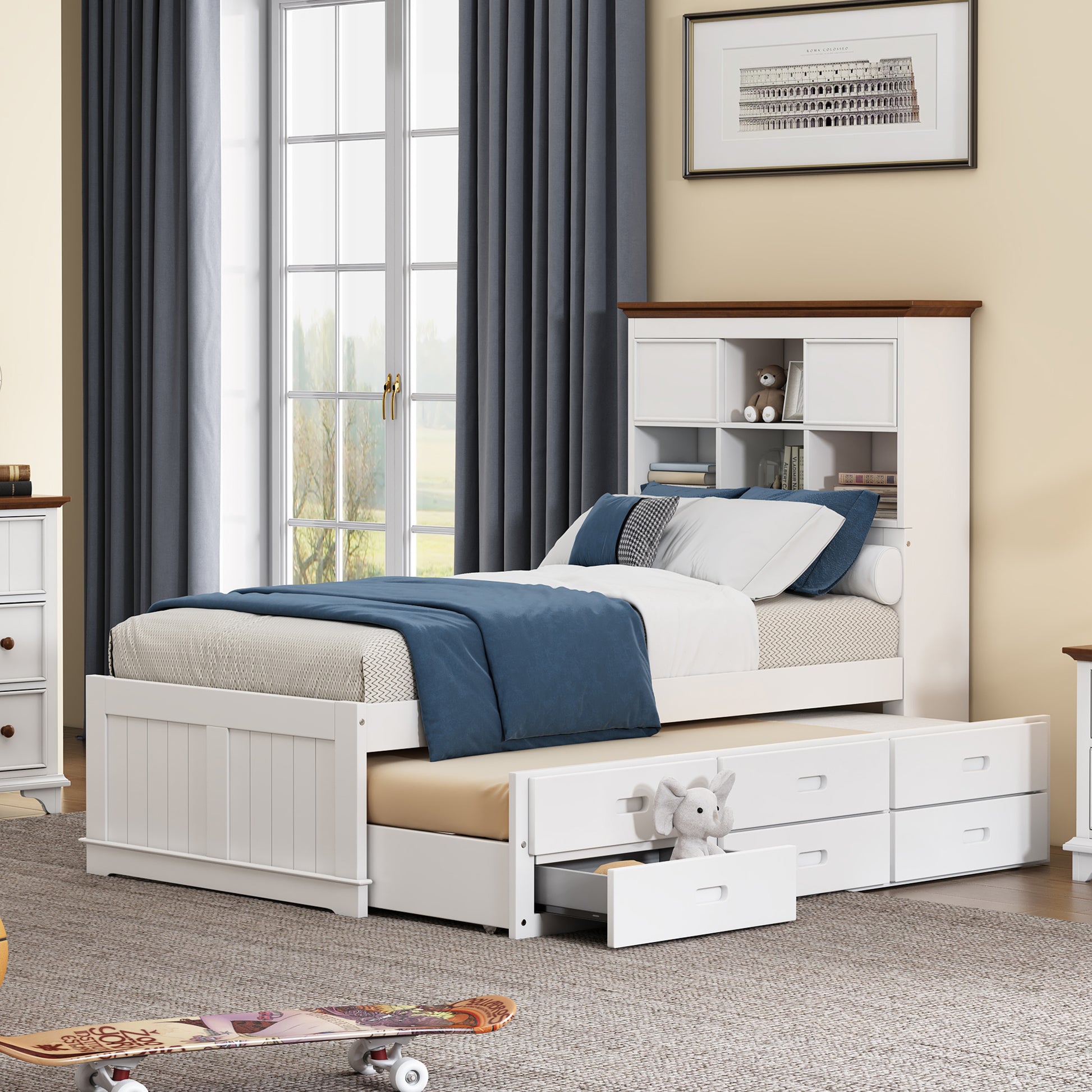 Solid Pine Captain Bookcase Bed With Trundle Bed And 3 Spacious Under Bed Drawers In Casual,Twin, White Walnut White Walnut Wood