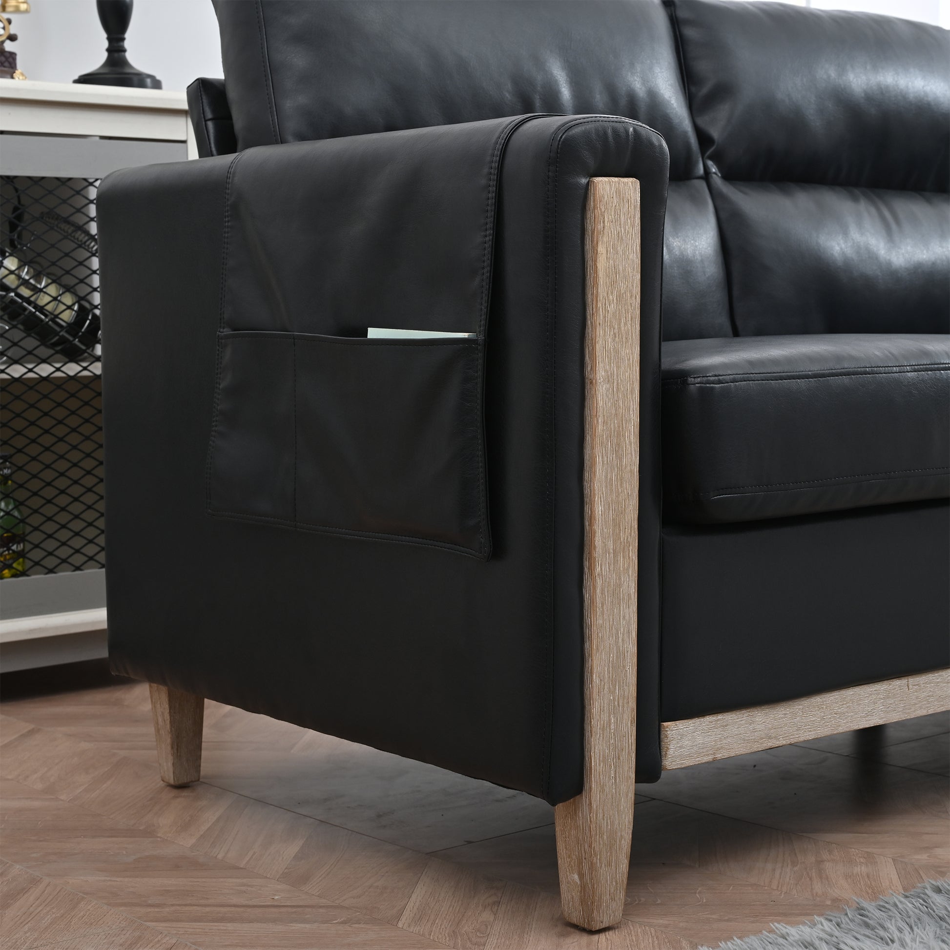 Comfortable Solid Wood Three Seater Sofa Soft Cushions, Durable And Long Lasting,79.5" Sofa Couch For Living Room Black Pu Pu