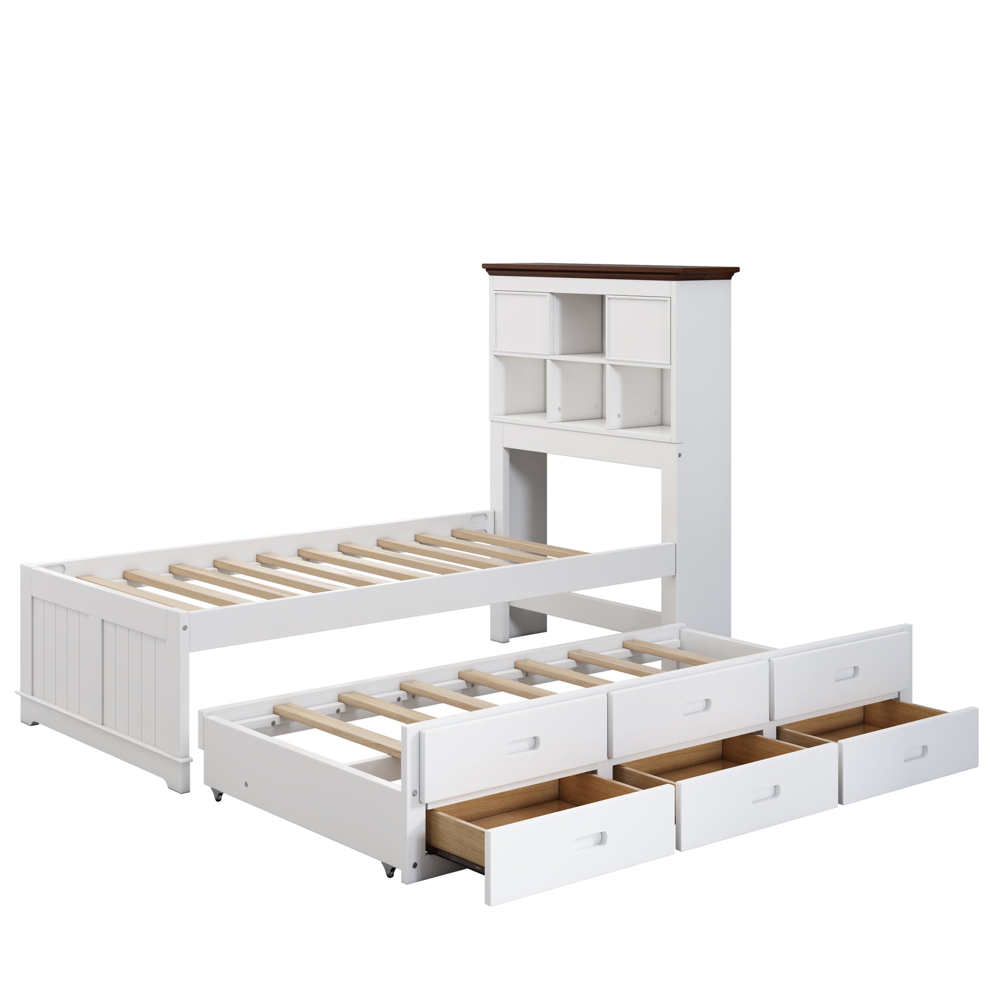 Solid Pine Captain Bookcase Bed With Trundle Bed And 3 Spacious Under Bed Drawers In Casual,Twin, White Walnut White Walnut Wood