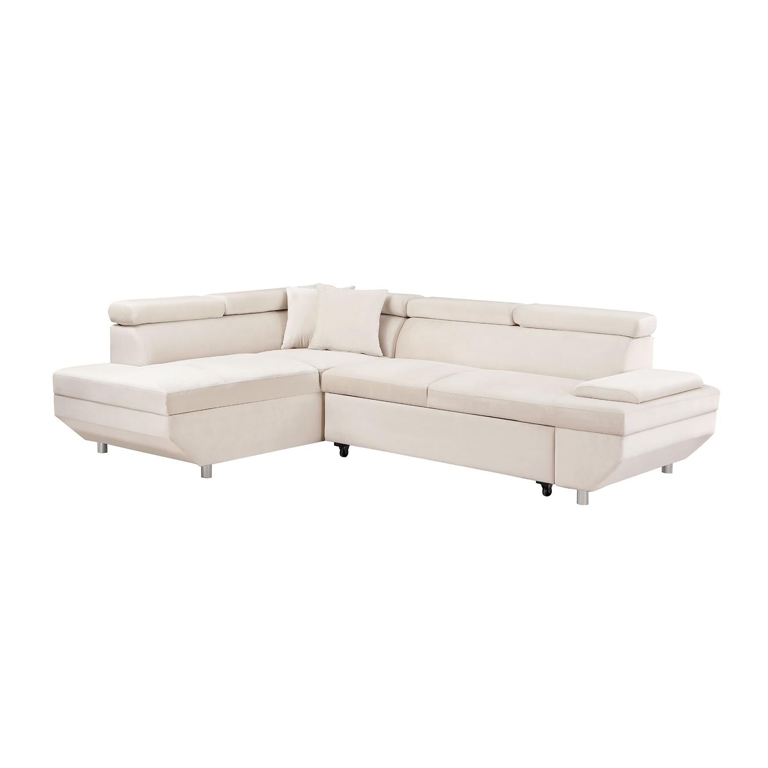 L Shape Sofa, Sleeper Sofa 2 In 1 Pull Out Couch Bed, Face Right Pull Out Bed For Living Room, Metal Legs, Velvet Beige Beige Fabric