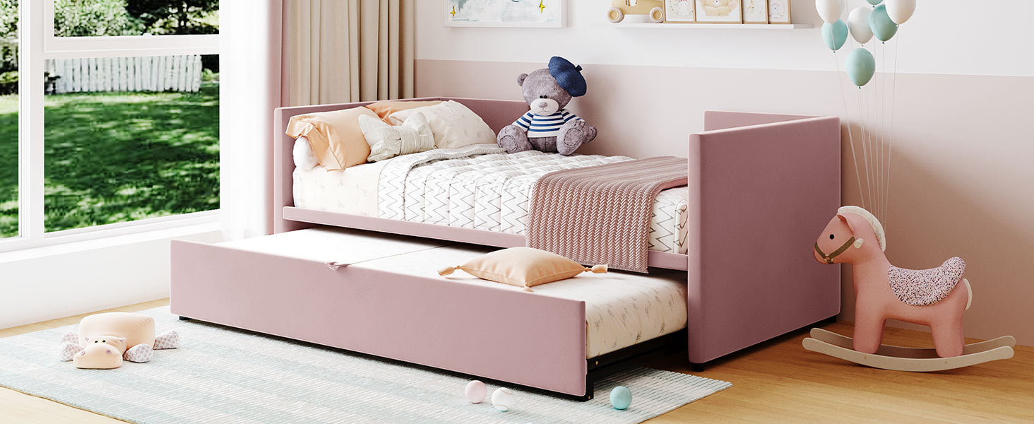 Twin Size Upholstered Daybed With Pop Up Trundle, Pink Twin Pink Upholstered