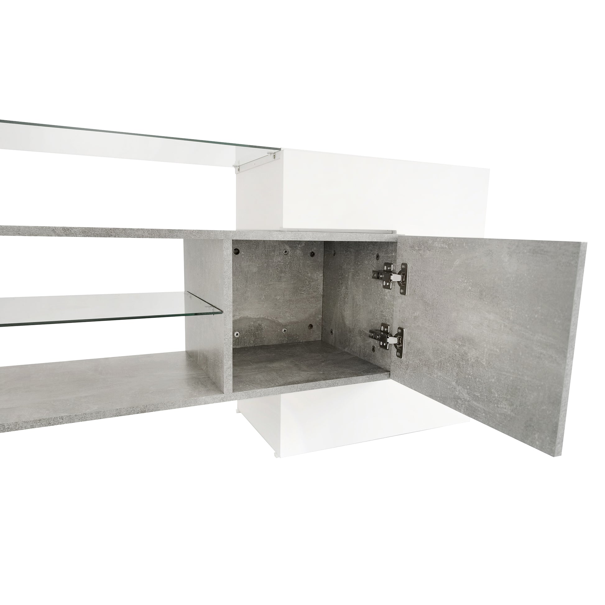 Unique Shape Tv Stand With 2 Illuminated Glass Shelves, High Gloss Entertainment Center For Tvs Up To 88", Versatile Tv Cabinet With Led Color Changing Lights For Living Room, Grey Grey Particle Board