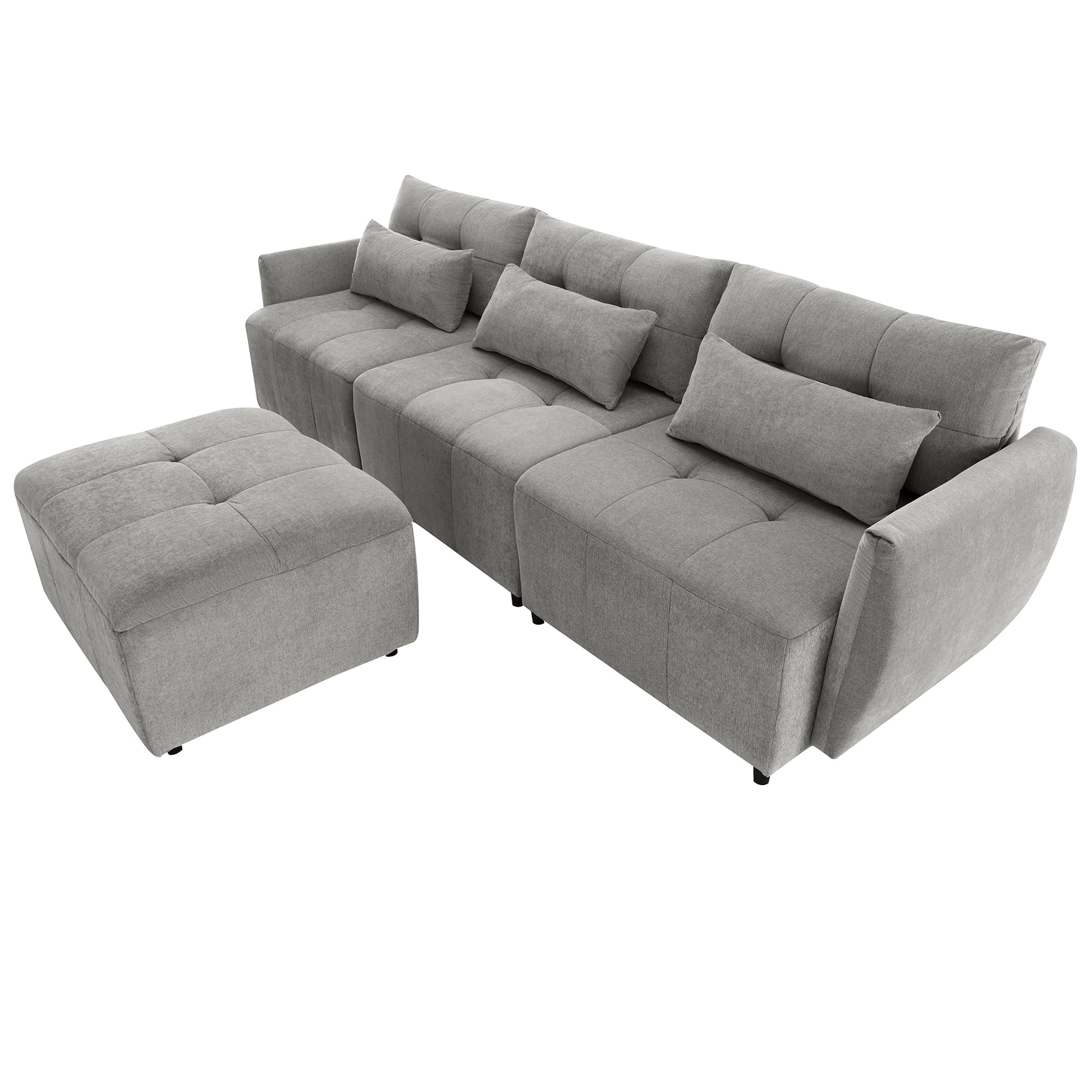 113.3" Convertible Sectional Sofa Couch 3 Seat L Shaped Sofa With Movable Ottoman And Usb For Apartment, Living Room, Bedroom, Grey Grey Chenille 3 Seat