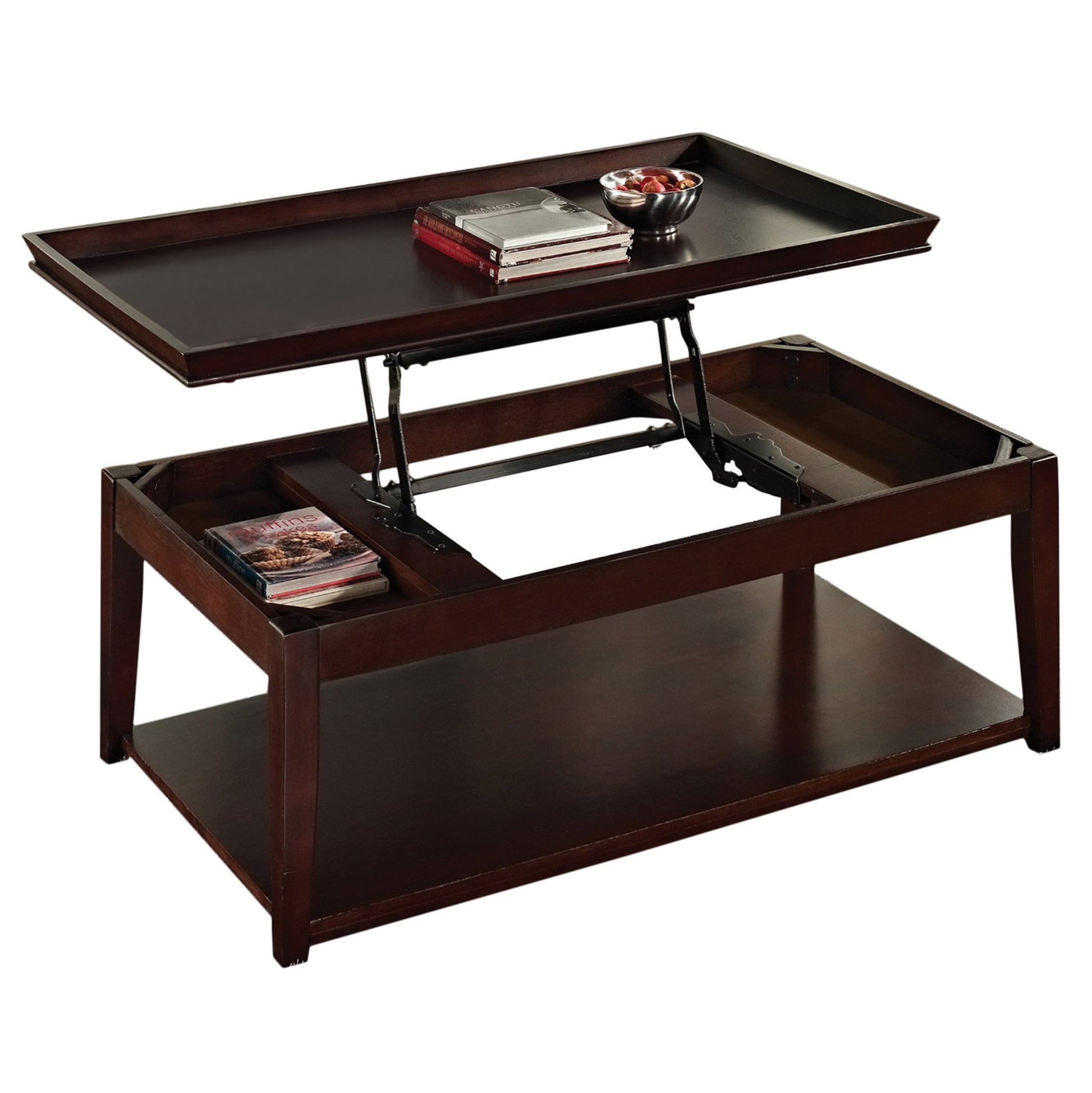 Versatile Lift Top Cocktail Table Hardwood Solids, Birch Veneer, Merlot Cherry Finish Hidden Storage, Mobility Casters, Bottom Shelf Brown Solid Wood Mdf