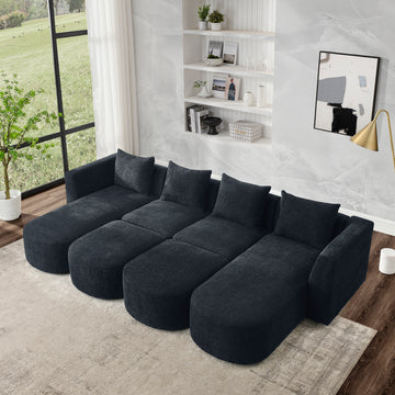 U Shape Sectional Sofa Including Two Single Seat, Two Chaises And Two Ottomans, Modular Sofa, Diy Combination, Loop Yarn Fabric, Black Black Polyester Wood Medium Soft Tight Back Eucalyptus Square Arms Polyester 6 Seat