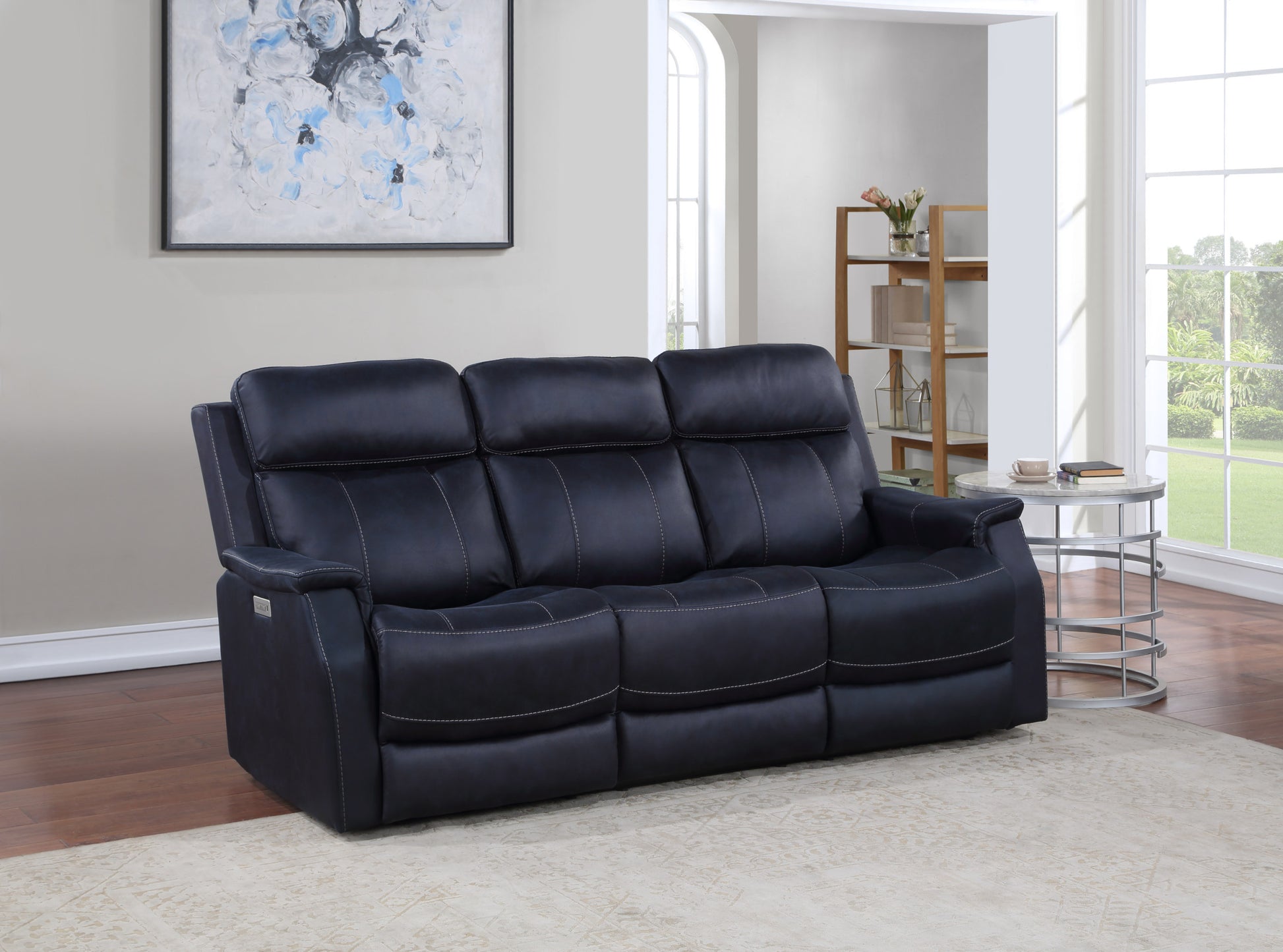 Tailored Dual Power Reclining Sofa Nubuck Leather Like Cover, Power Headrest, Power Footrest Contemporary Design, Hand Stitching Details Dark Blue Foam Fabric 3 Seat