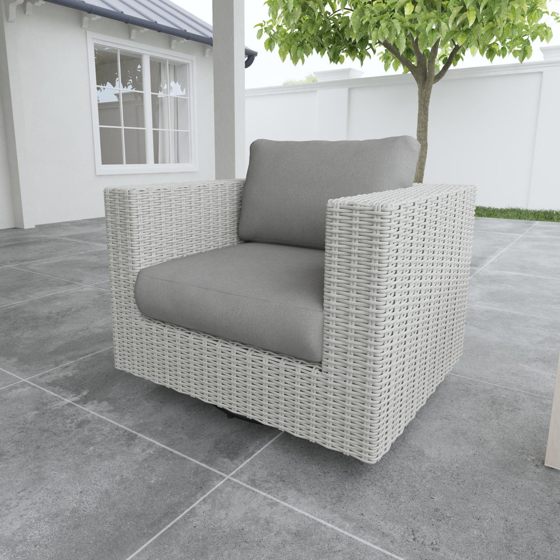 Outdoor Swivel Chair Hdpe Resin Wicker, Solution Dyed Acrylic Covers 360 Degree Swivel, Deep Cushions Light Gray Resin, Dark Gray Covers Light Gray Wicker