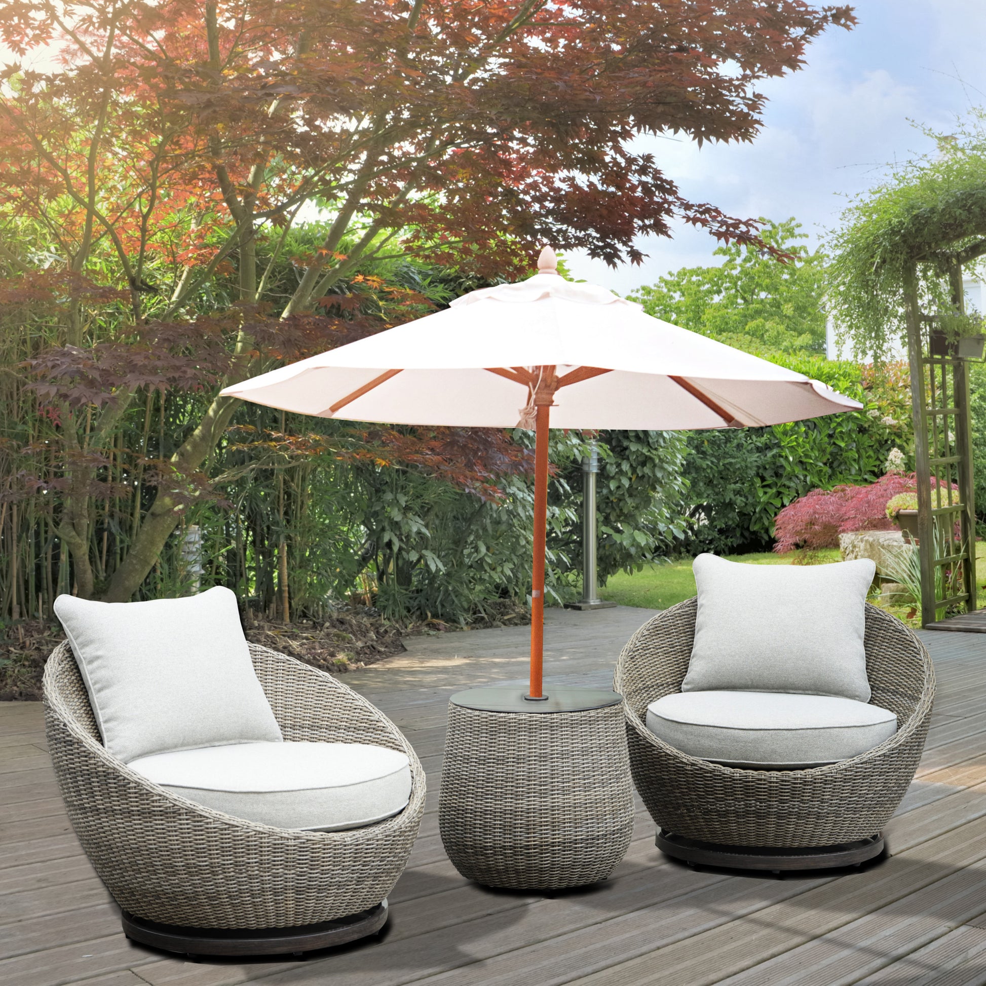 Cozy Outdoor Set Swivel Woven Chairs, Side Table All Weather Resin Wicker, Powder Coated Aluminum, Fully Assembled Sand Foam Wicker