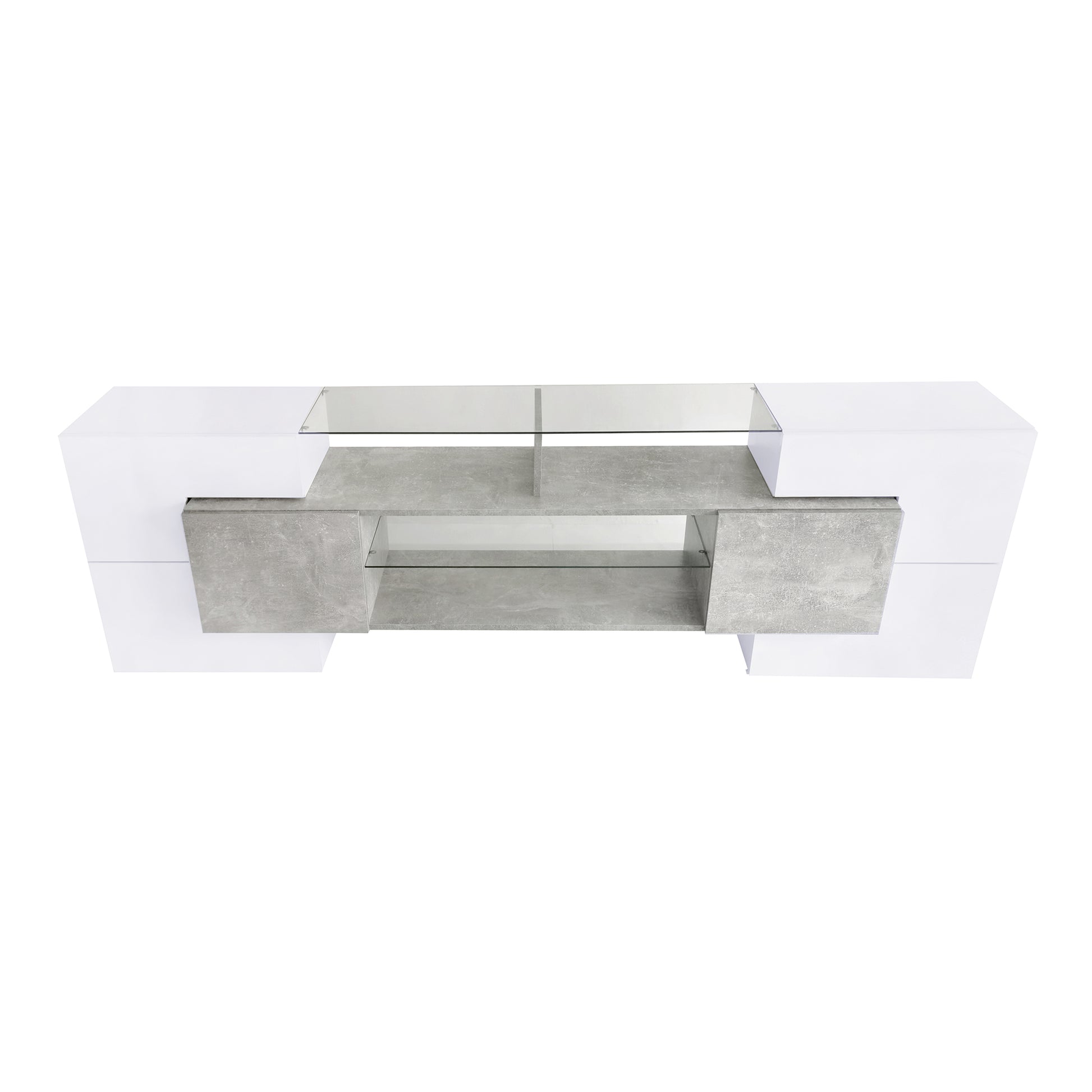 Unique Shape Tv Stand With 2 Illuminated Glass Shelves, High Gloss Entertainment Center For Tvs Up To 88", Versatile Tv Cabinet With Led Color Changing Lights For Living Room, Grey Grey Particle Board