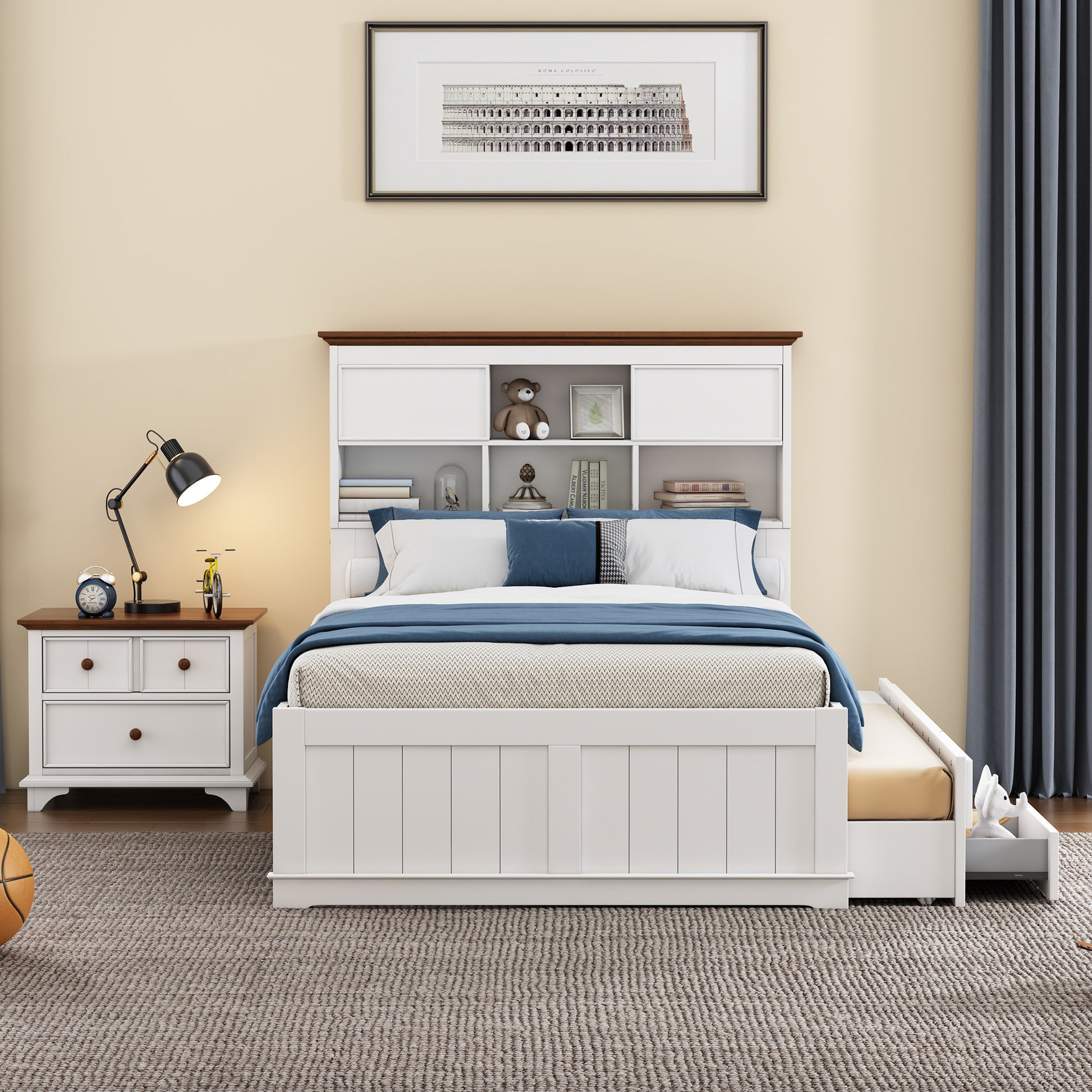2 Pieces Wooden Captain Bedroom Set Full Bed With Trundle And Nightstand,White Walnut White Walnut Wood
