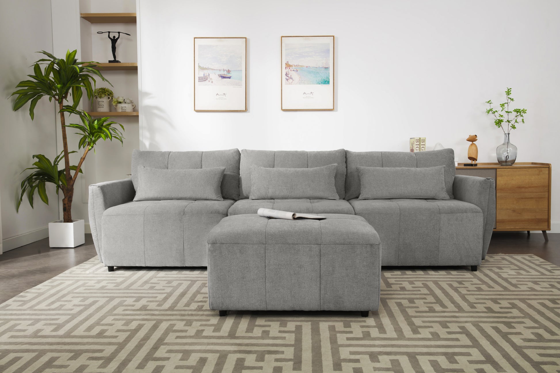 113.3" Convertible Sectional Sofa Couch 3 Seat L Shaped Sofa With Movable Ottoman And Usb For Apartment, Living Room, Bedroom, Grey Grey Chenille 3 Seat