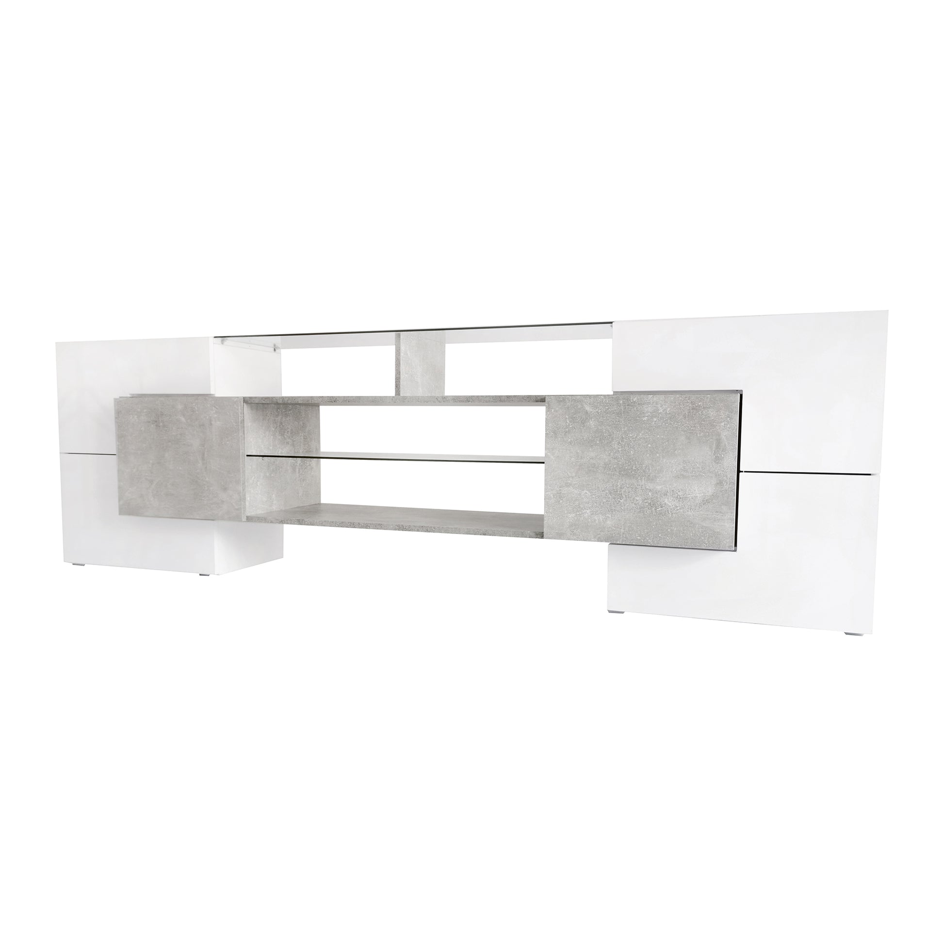 Unique Shape Tv Stand With 2 Illuminated Glass Shelves, High Gloss Entertainment Center For Tvs Up To 88", Versatile Tv Cabinet With Led Color Changing Lights For Living Room, Grey Grey Particle Board
