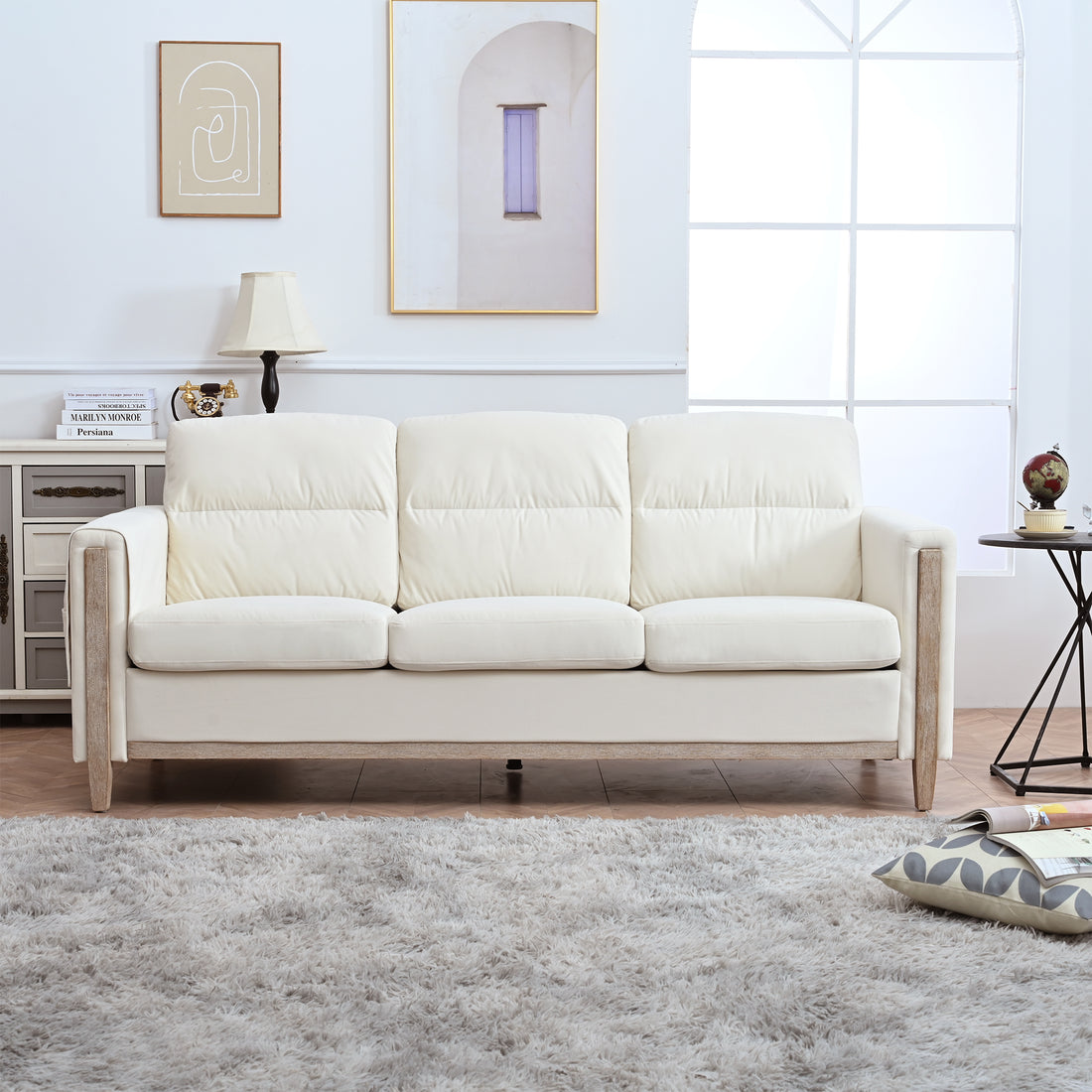 Comfortable Solid Wood Three Seater Sofa Soft Cushions, Durable And Long Lasting,79.5" Sofa Couch For Living Room Beige Fabric Fabric