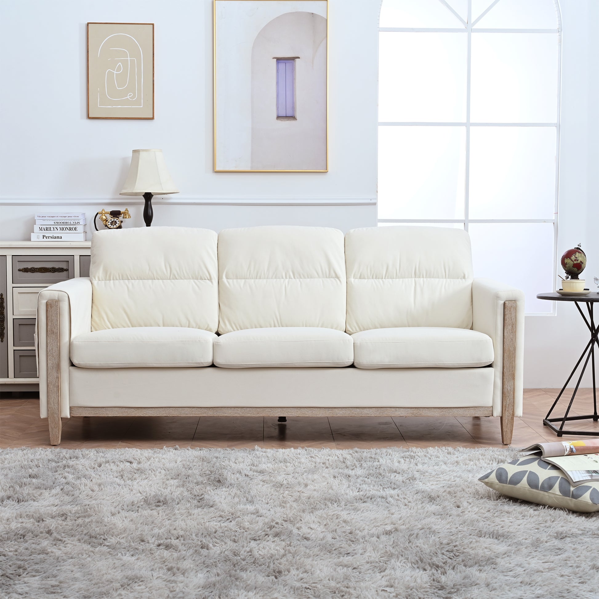 Comfortable Solid Wood Three Seater Sofa Soft Cushions, Durable And Long Lasting,79.5" Sofa Couch For Living Room Beige Fabric Fabric
